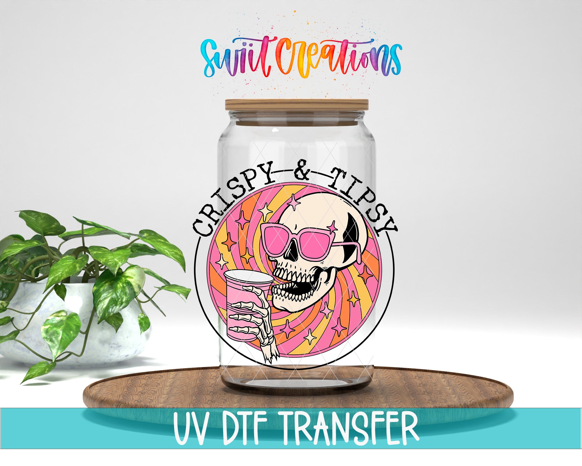 a glass jar with a skull wearing sunglasses and holding a drink, surrounded by a colorful design.