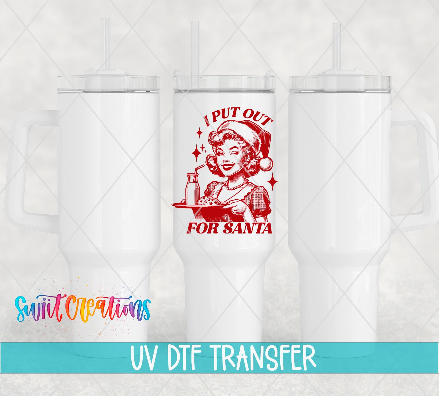 three white tumblers with a red and black design on the front, including a woman wearing a Santa hat and holding a tray of cookies.