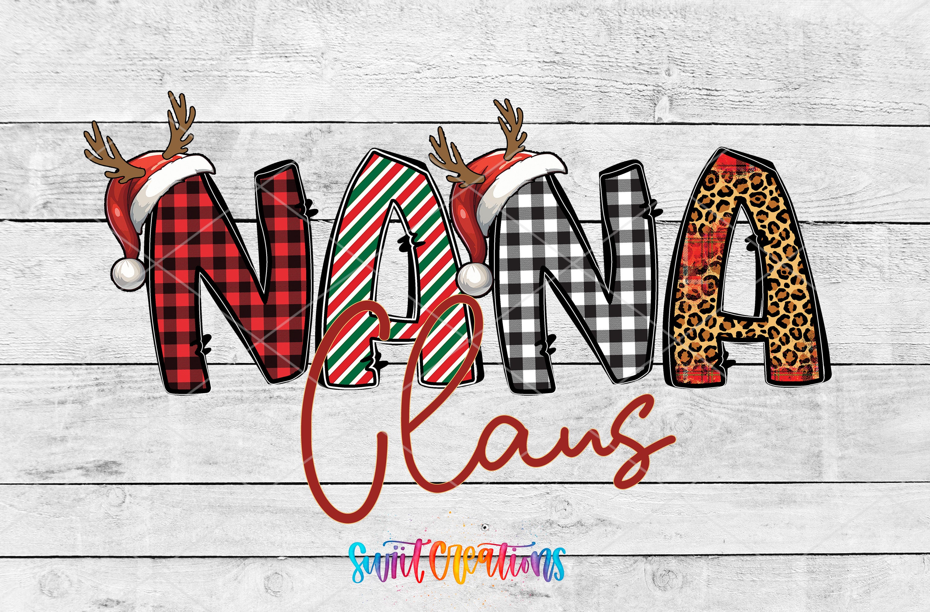 A collage of Christmas-themed images, including reindeer hats, a checkered pattern, leopard print, and the word "NANA" in a stylized font.