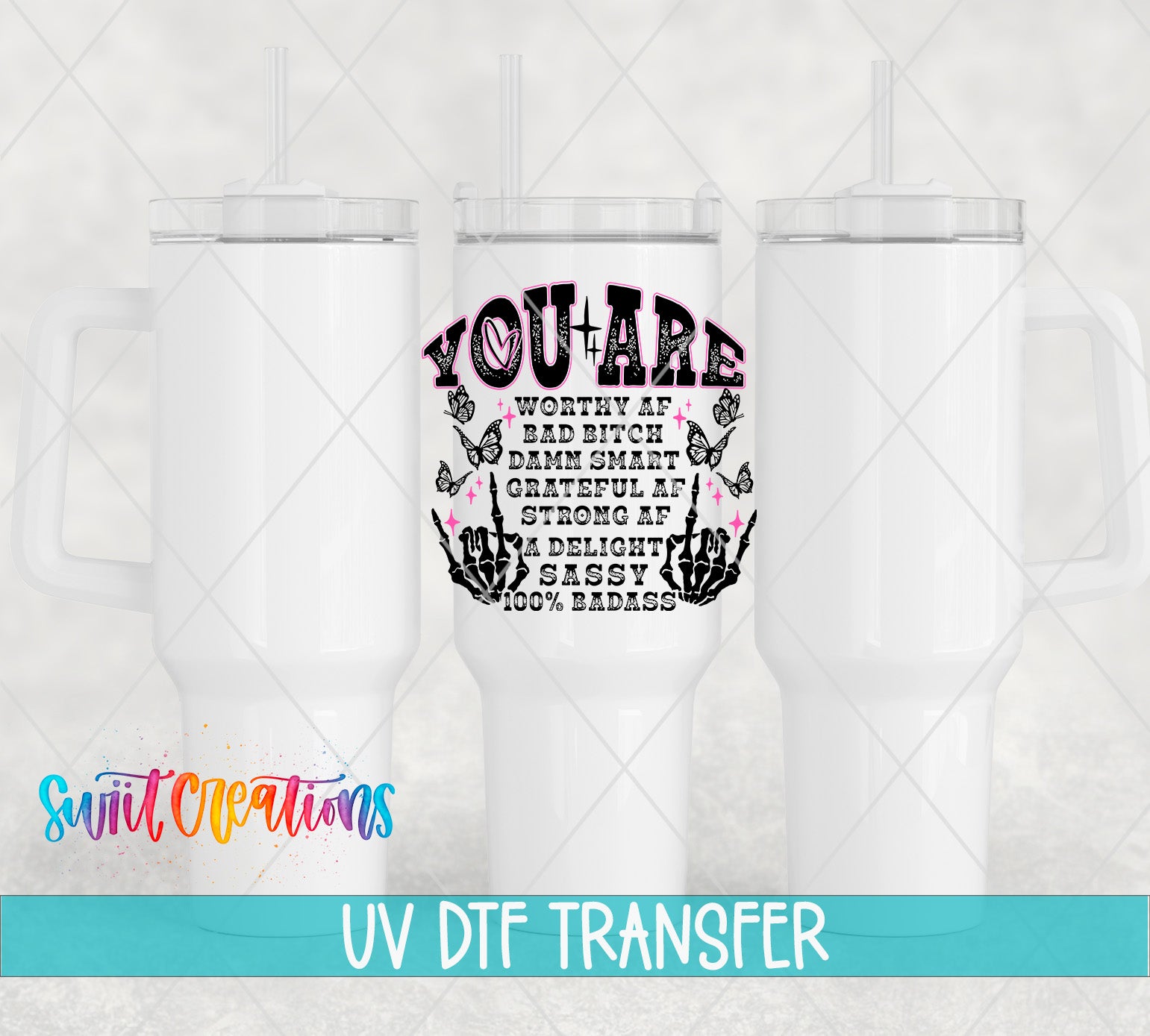The image is a promotional image for a UV DFT (Digital Font Transfer) service, featuring a design with the text "YOU ARE WORTHY OF BAD MIX" and a skeleton decoration.
