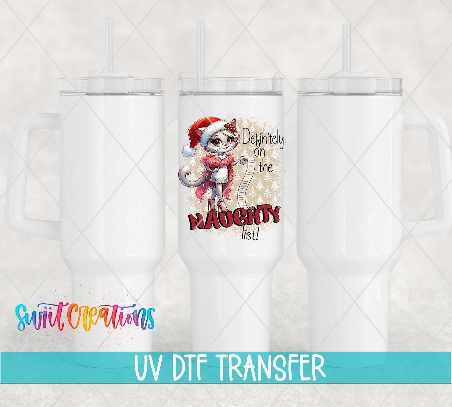 three white tumblers with a printed design on them, including a cartoon character and text.