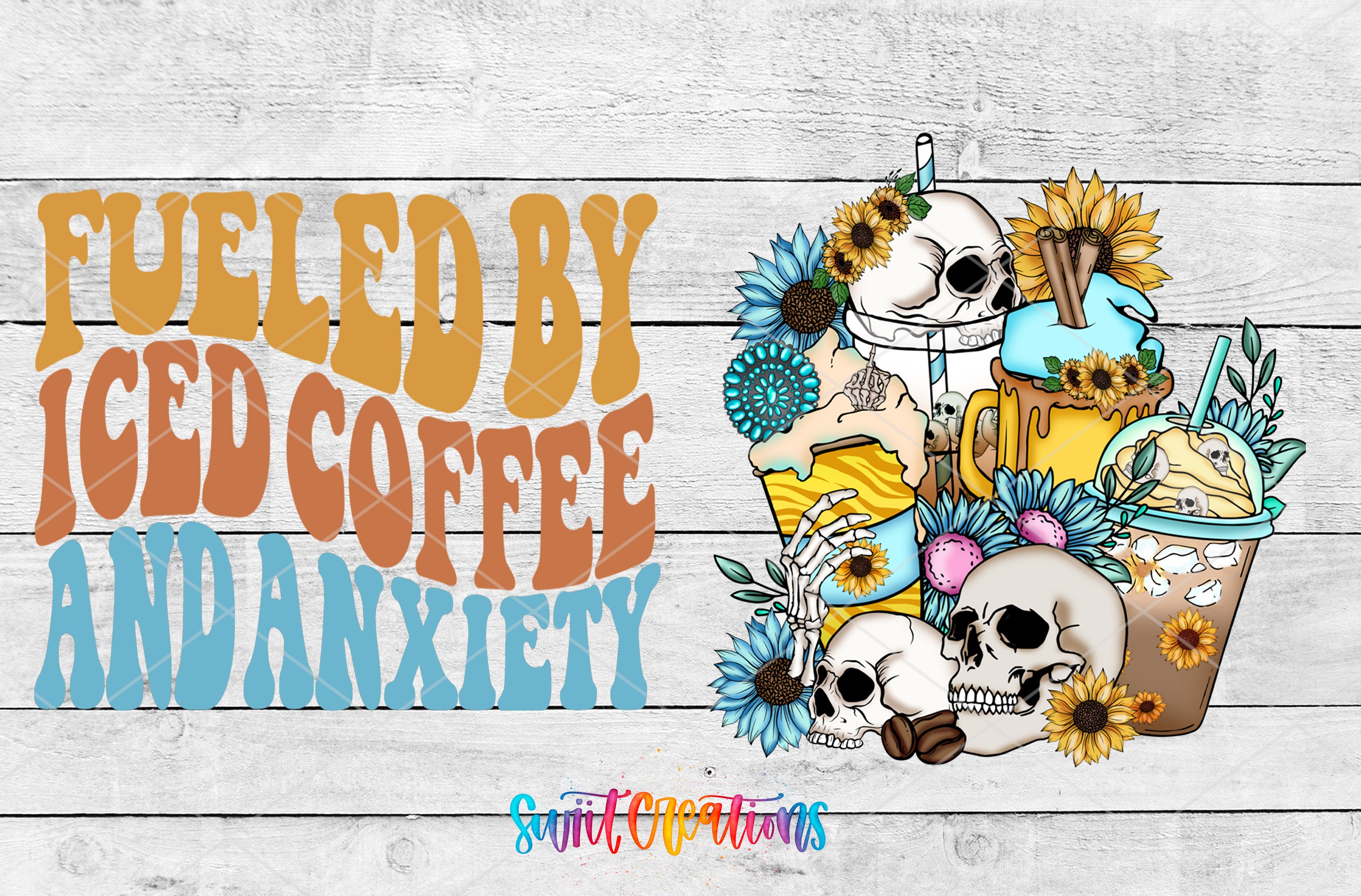 The image is a collage of two images. The left image features a skull surrounded by flowers and a cup of iced coffee, with the text "FUELED BY Iced Coffee AND ANXIETY". The right image is a close-up of a skull surrounded by flowers and a cup of iced coffee, with the text "FUELED BY Iced Coffee AND ANXIETY" written on it.