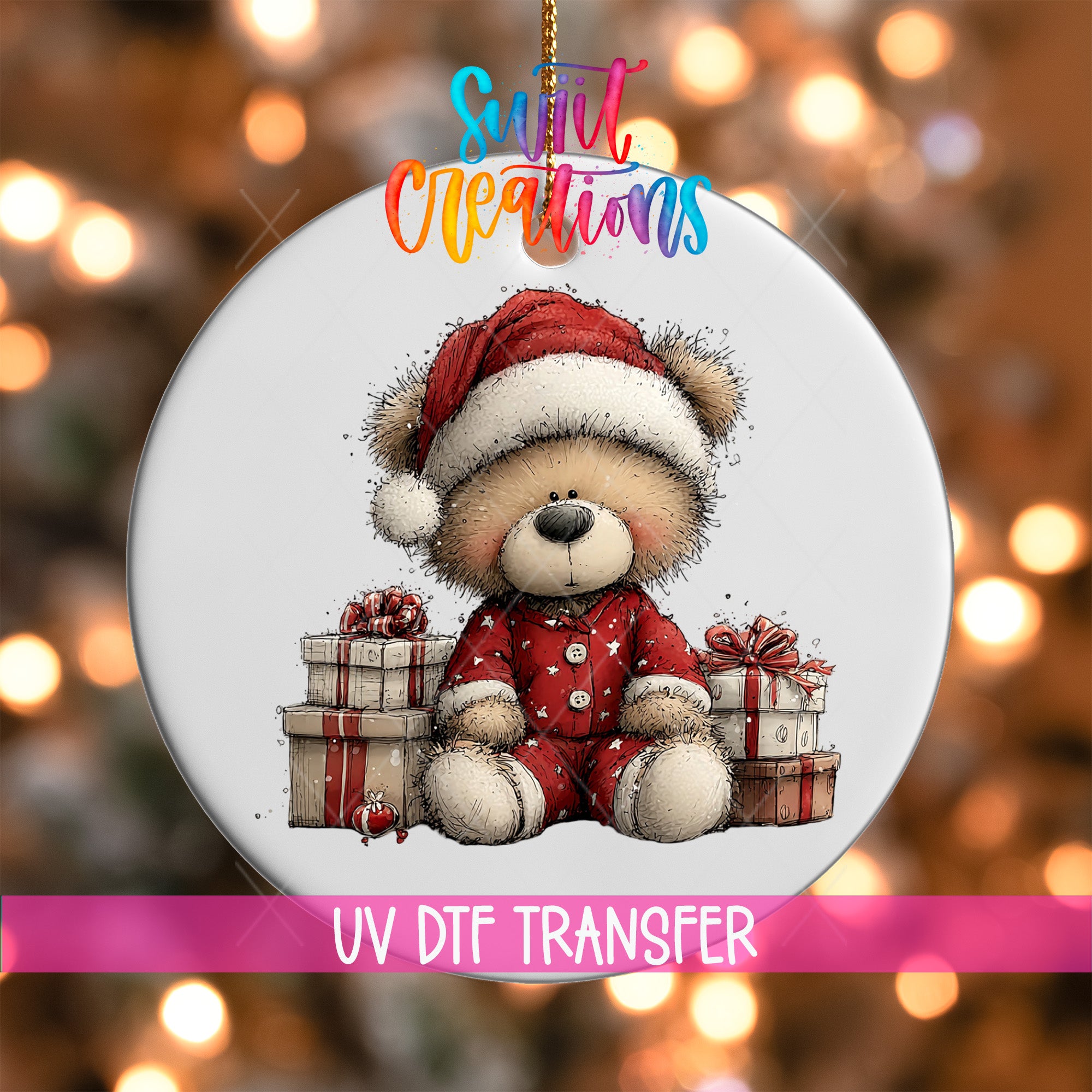 A round ornament featuring a teddy bear wearing a Santa hat and holding presents, with a colorful background and text indicating it is a UV DFT transfer.