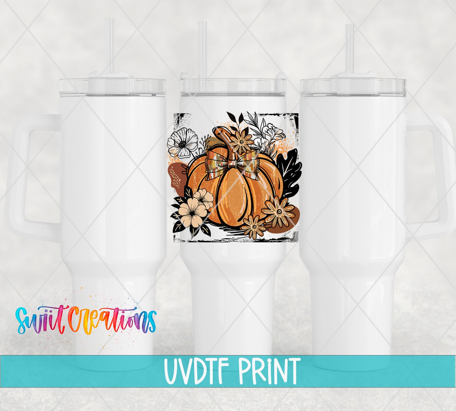 three white tumblers with a pumpkin and floral design printed on them.