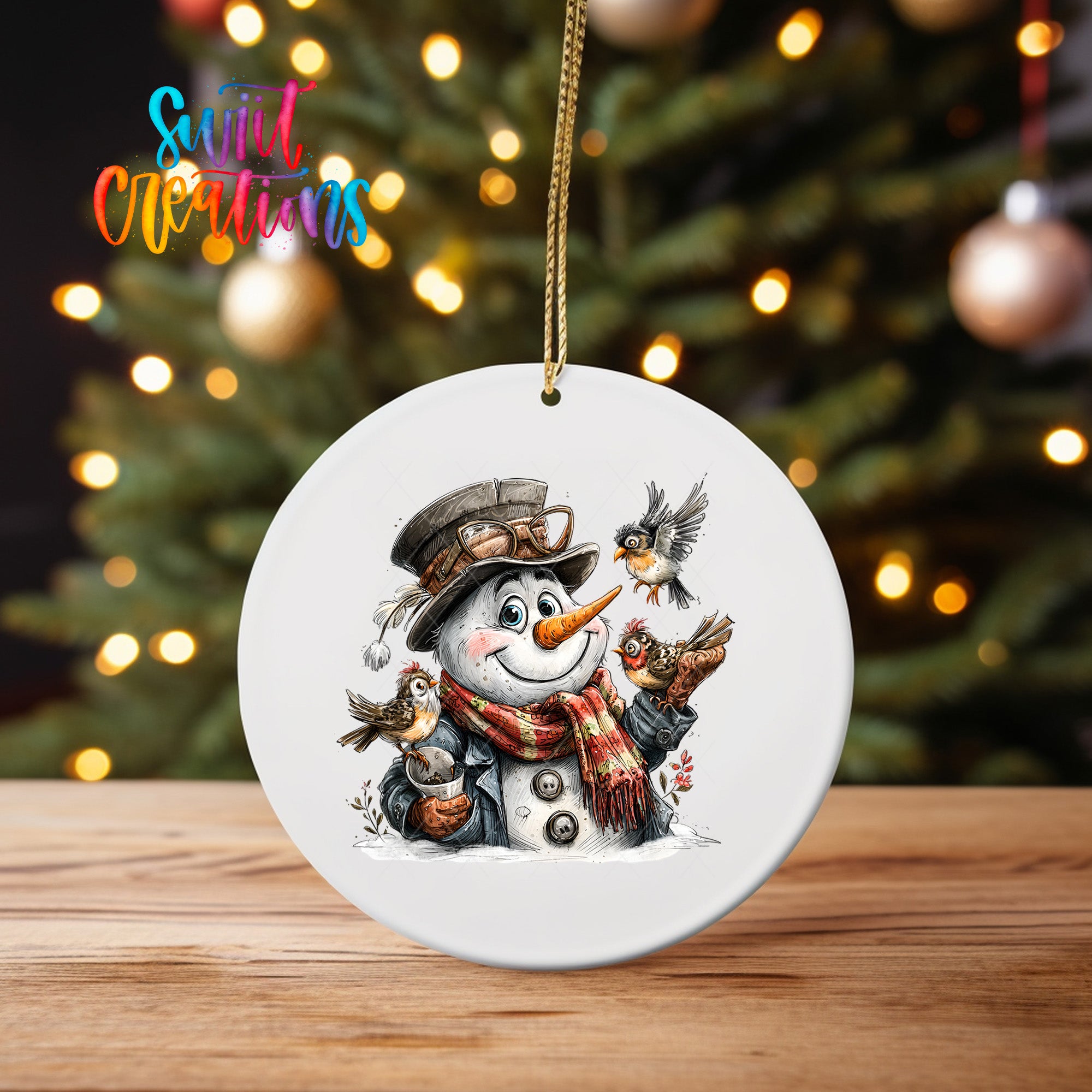 A snowman ornament with a bird perched on its nose, wearing a red scarf and hat, is displayed on a wooden surface against a blurred background of Christmas lights.