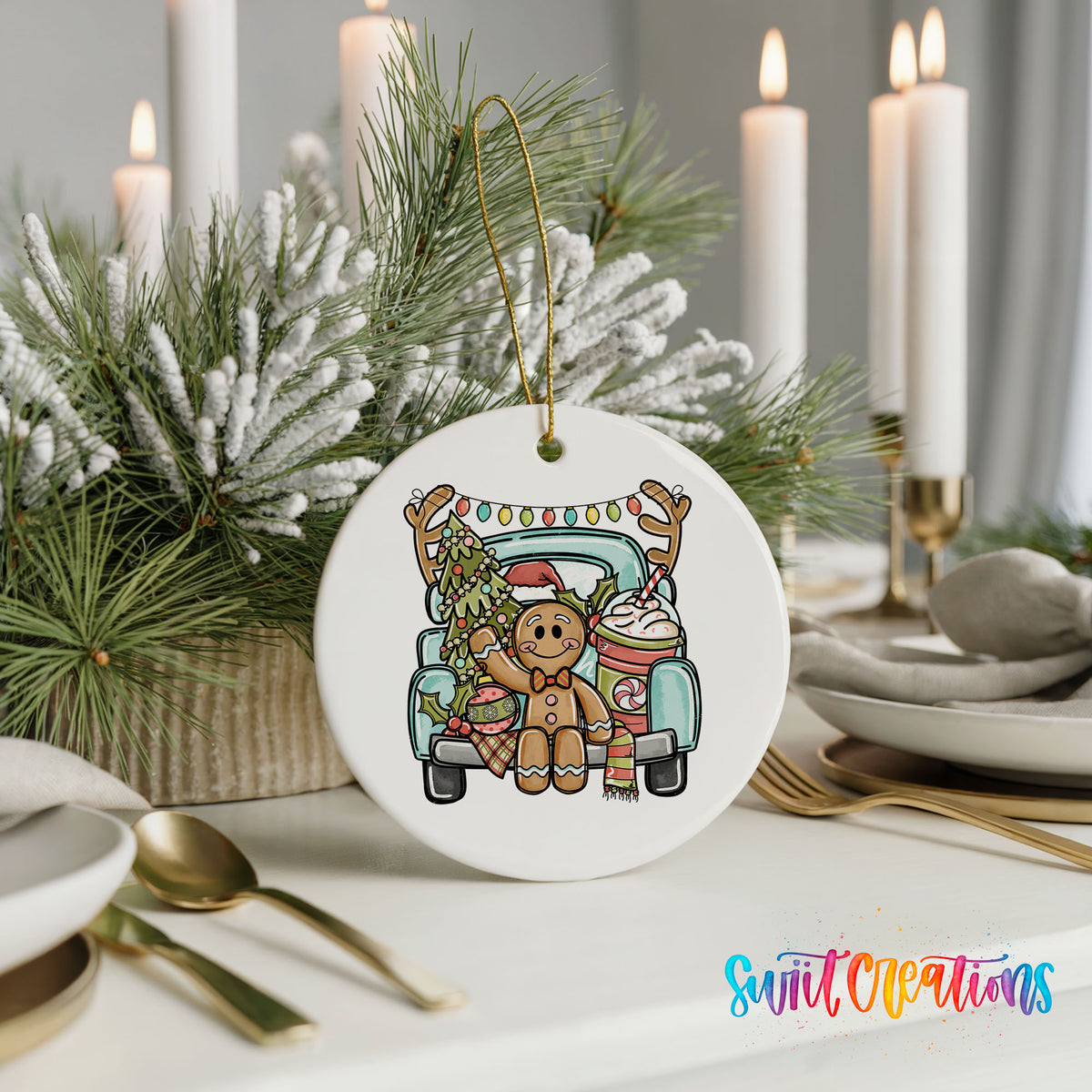 A white ceramic ornament featuring a gingerbread man in a truck, surrounded by pine branches and candles, placed on a table with other tableware.