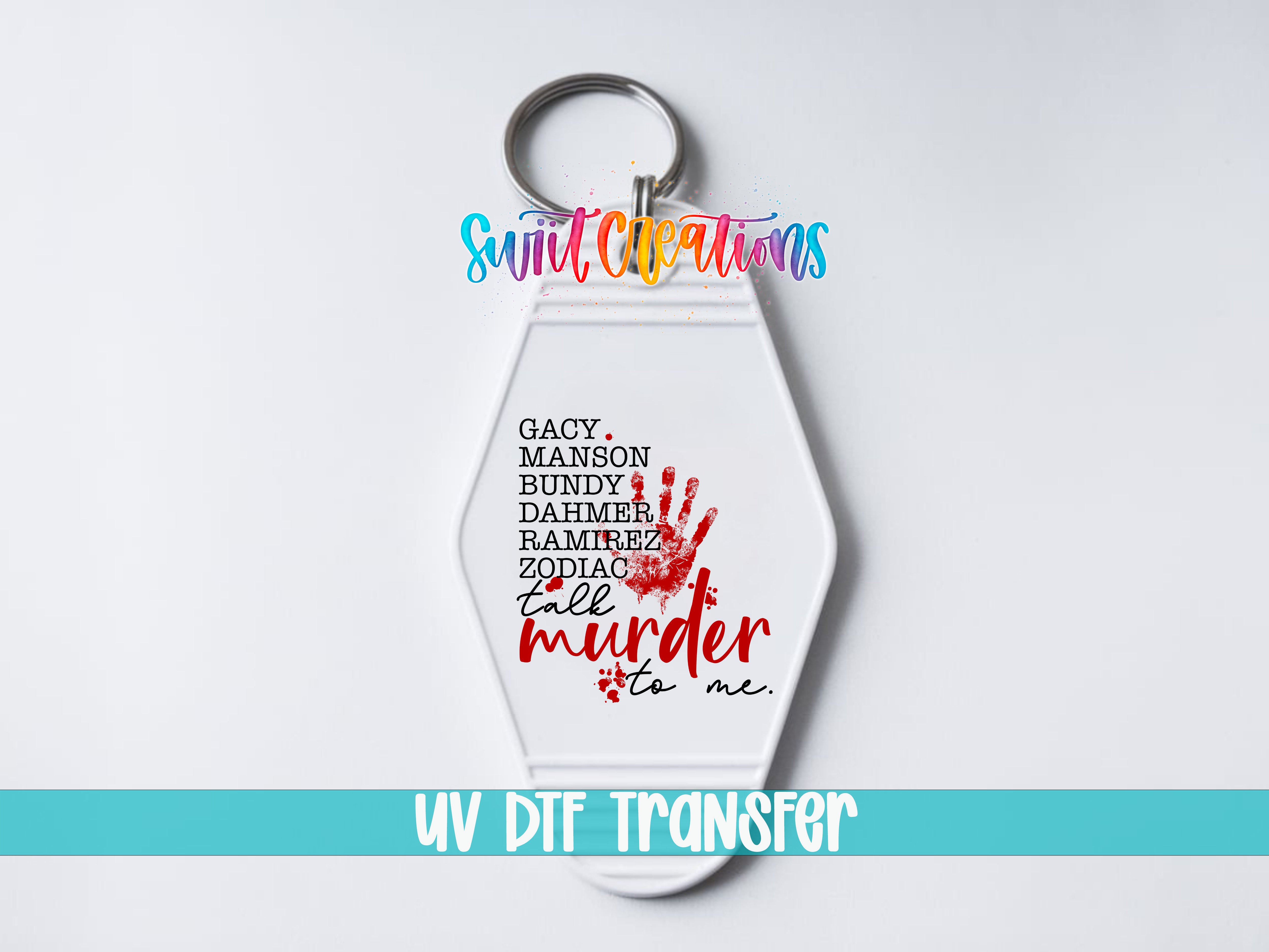 A keychain with a handprint design and text printed on it.
