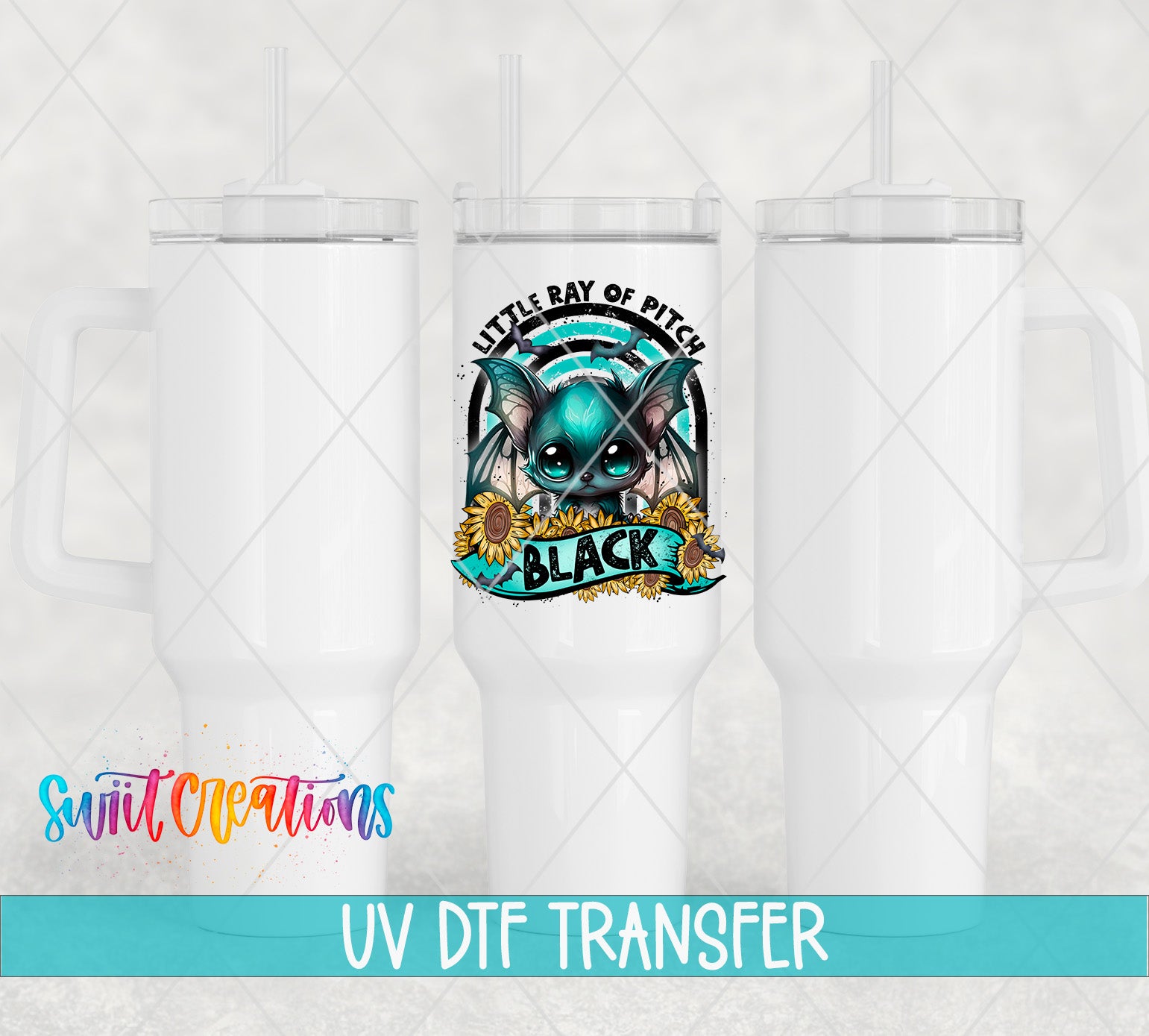 a white ceramic mug with a colorful graphic design on it, along with a UV DFT (ultraviolet dye transfer) transfer label.