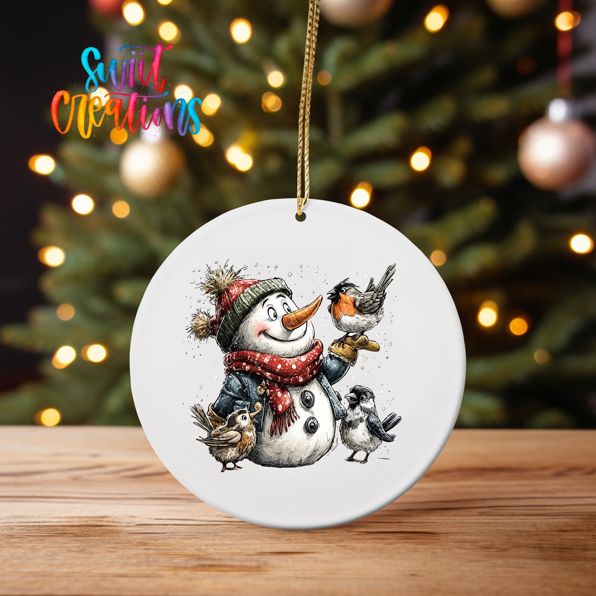 A snowman ornament with a bird perched on its hand, surrounded by other birds, is displayed against a blurred background of Christmas lights.