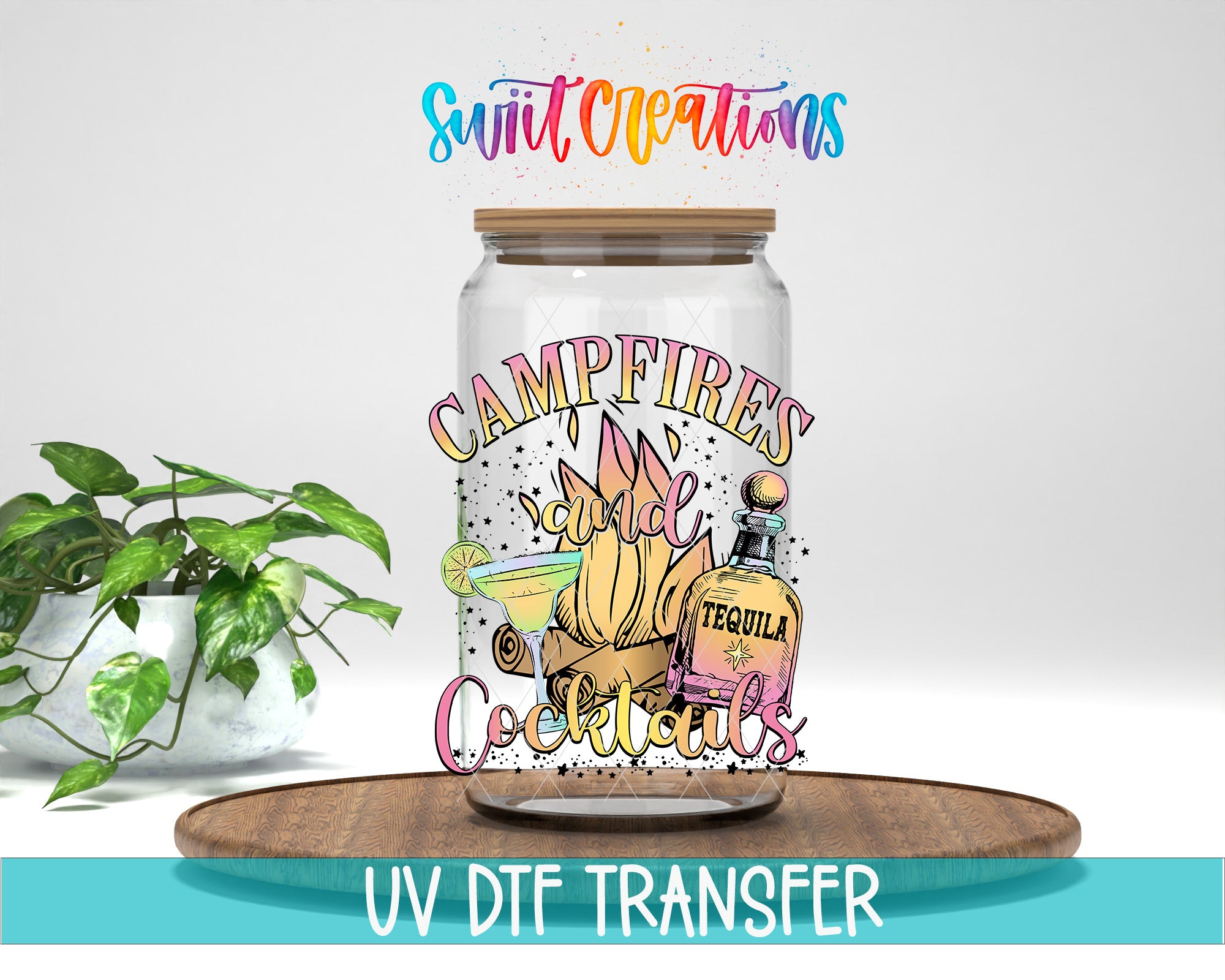 a colorful illustration of a glass jar with a label that says "Campfires Cocktails" and includes a bottle of tequila and a cocktail glass. The jar is placed on a wooden tray, and there is a potted plant in the background.