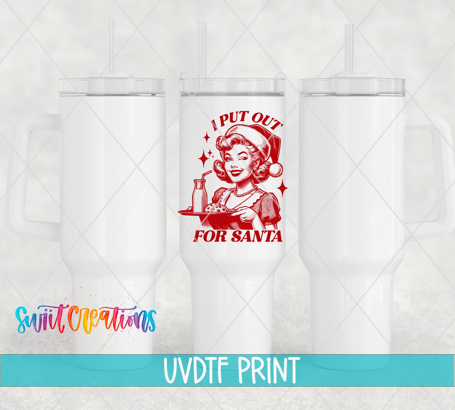 three white tumblers with a red and white design on them, including a woman wearing a Santa hat and holding a tray of cookies.