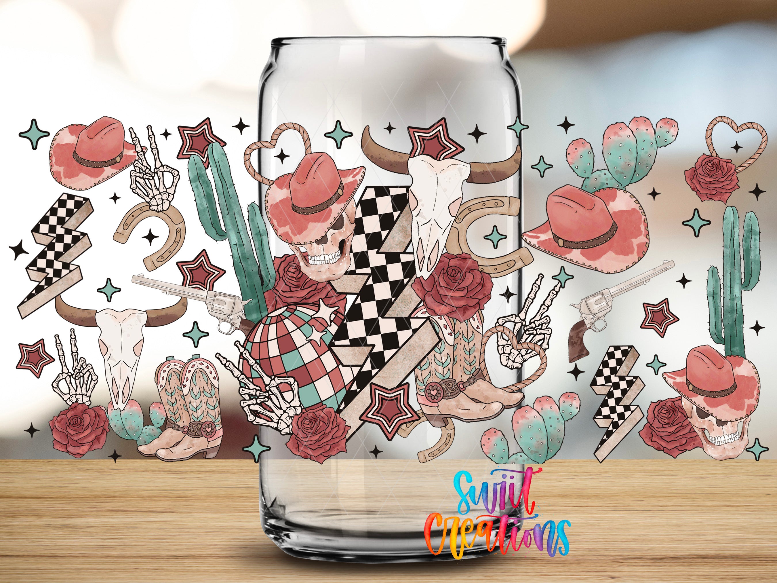 a glass jar or container with a vibrant and colorful design of various western-themed elements, including cowboy hats, cacti, stars, and other decorative motifs.