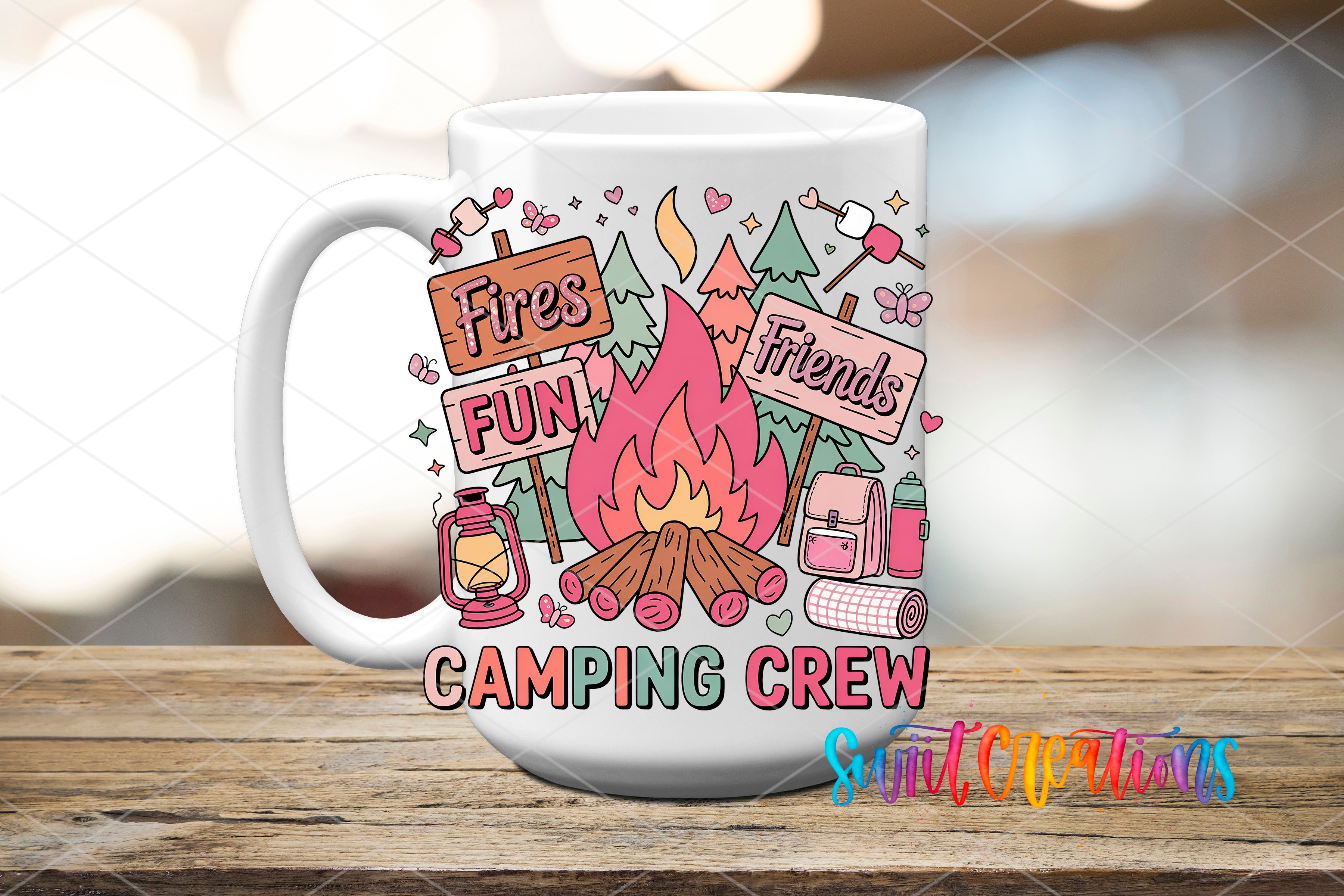 A white mug with a colorful illustration of camping-related items and text, including a campfire, camping gear, and the phrase "Fires Fun Friends Camping Crew".