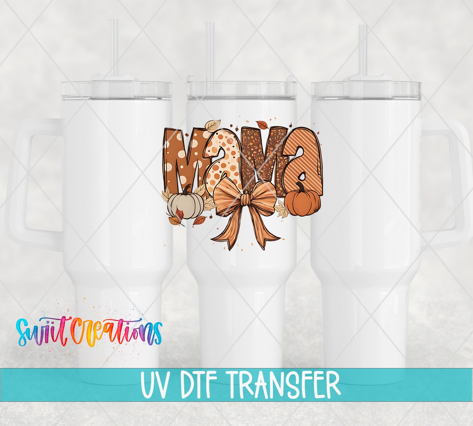 three white tumblers with a custom design on them, including the word "NAMA" and autumn-themed elements such as pumpkins and leaves.