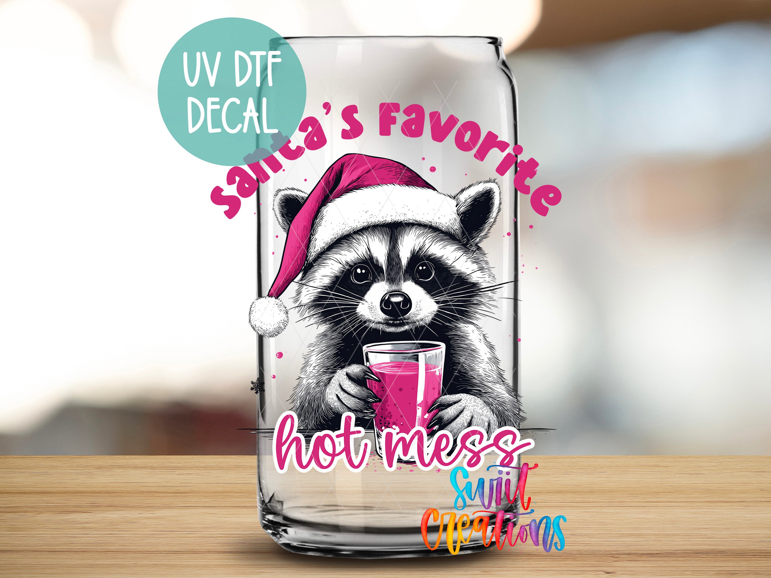 a raccoon wearing a santa's hat holding a pink drink