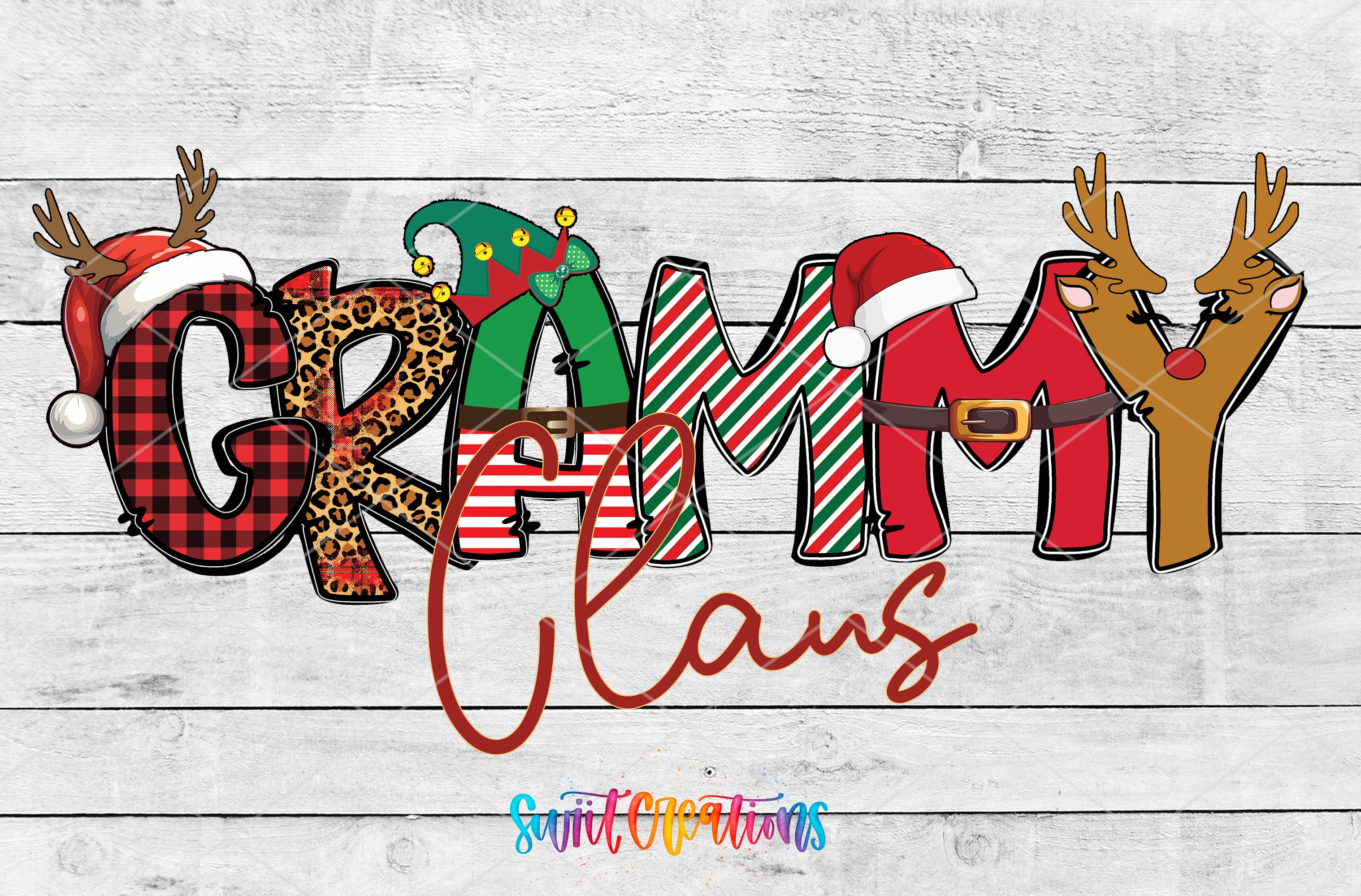 A collage of various Christmas-themed elements, including reindeer, Santa hats, and the word "Grammy" made up of different shapes and colors.