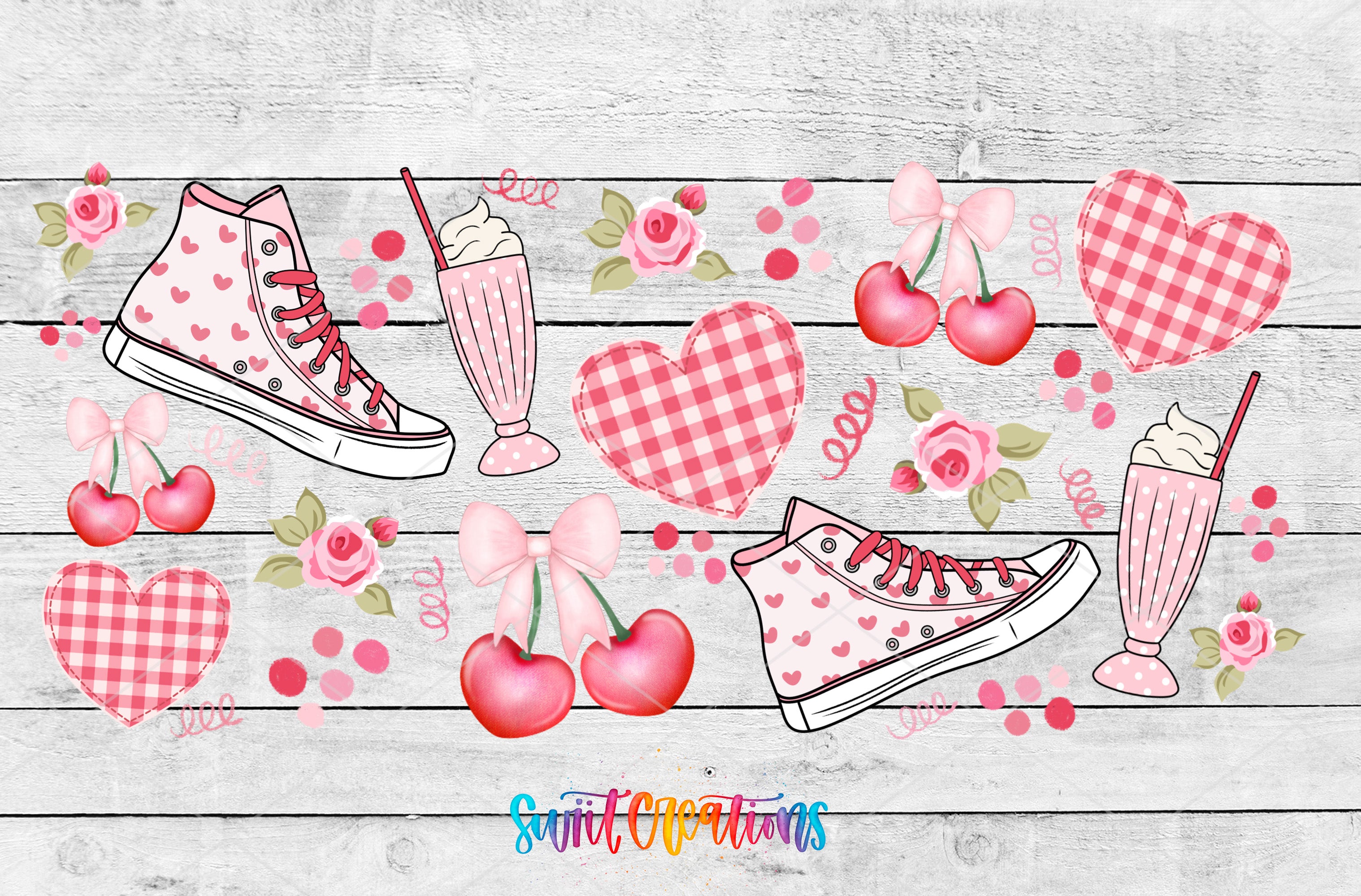The image is a collage of various pink and white items, including sneakers, hearts, flowers, and drinks, arranged on a wooden background.
