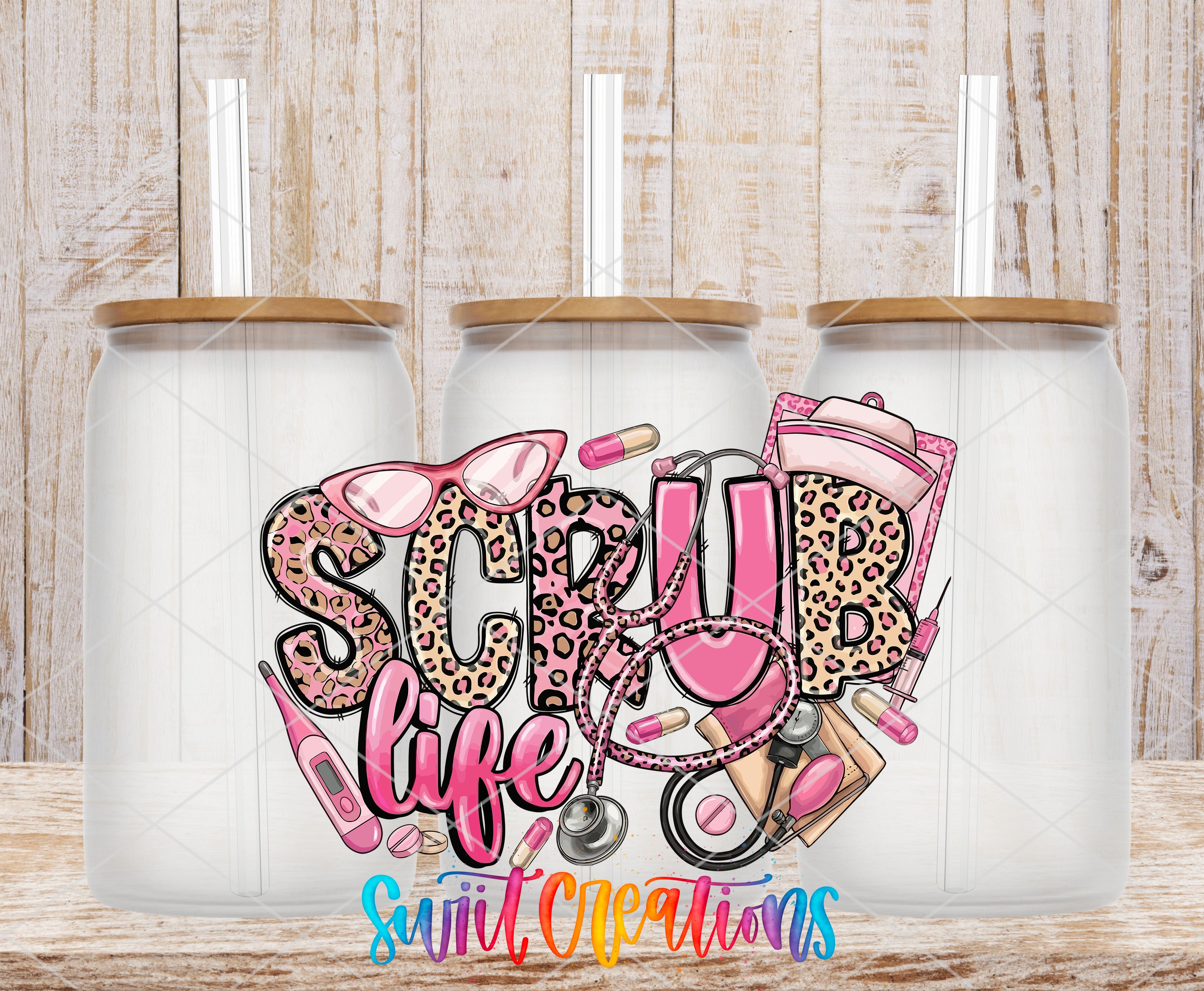 three glass jars with the word "SCRUB" written on them, along with various medical and nursing-related items such as a stethoscope, syringe, and bandages.