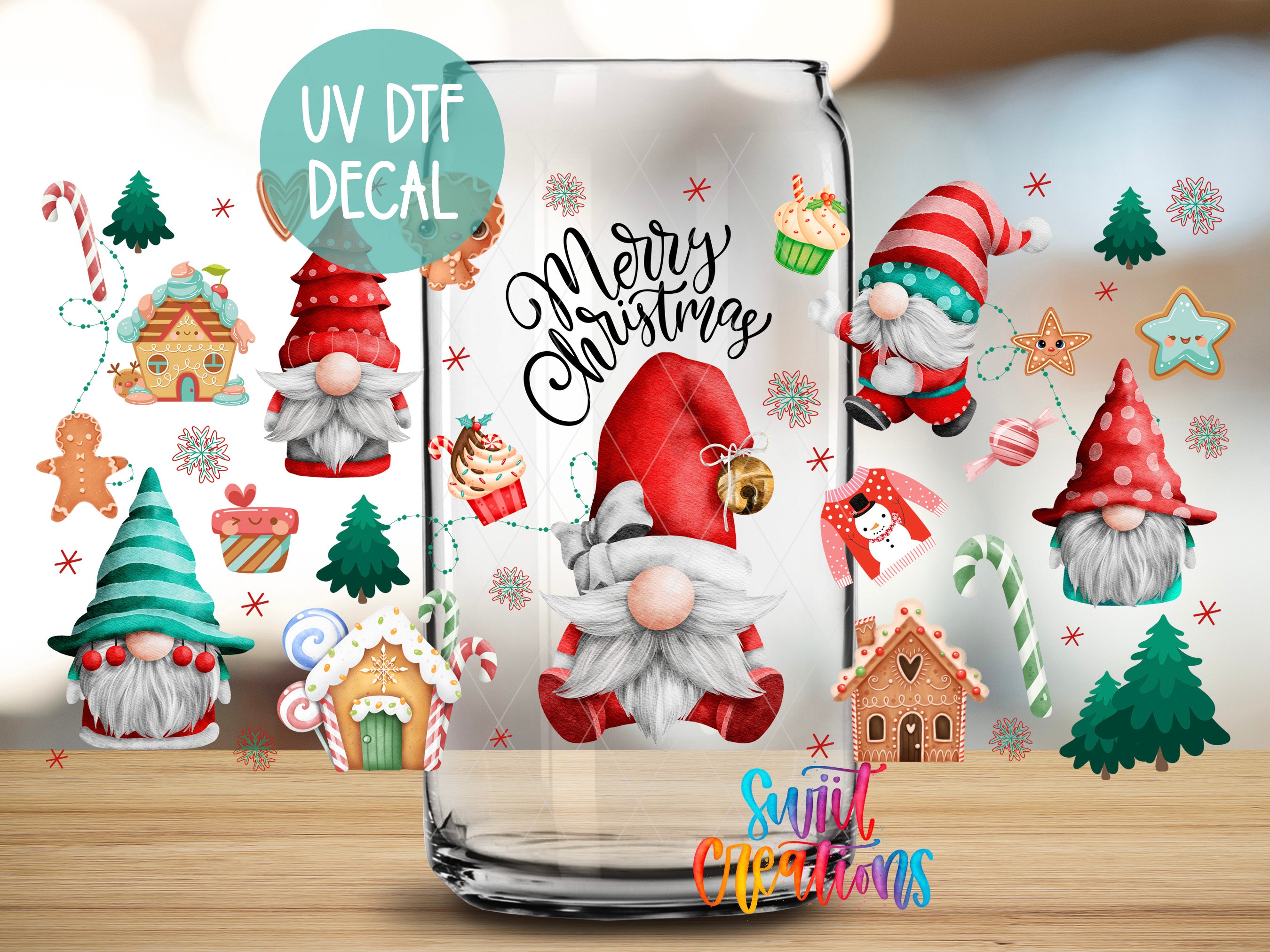 a glass jar with various Christmas-themed illustrations and decorations, including gnomes, gingerbread houses, and other festive elements.