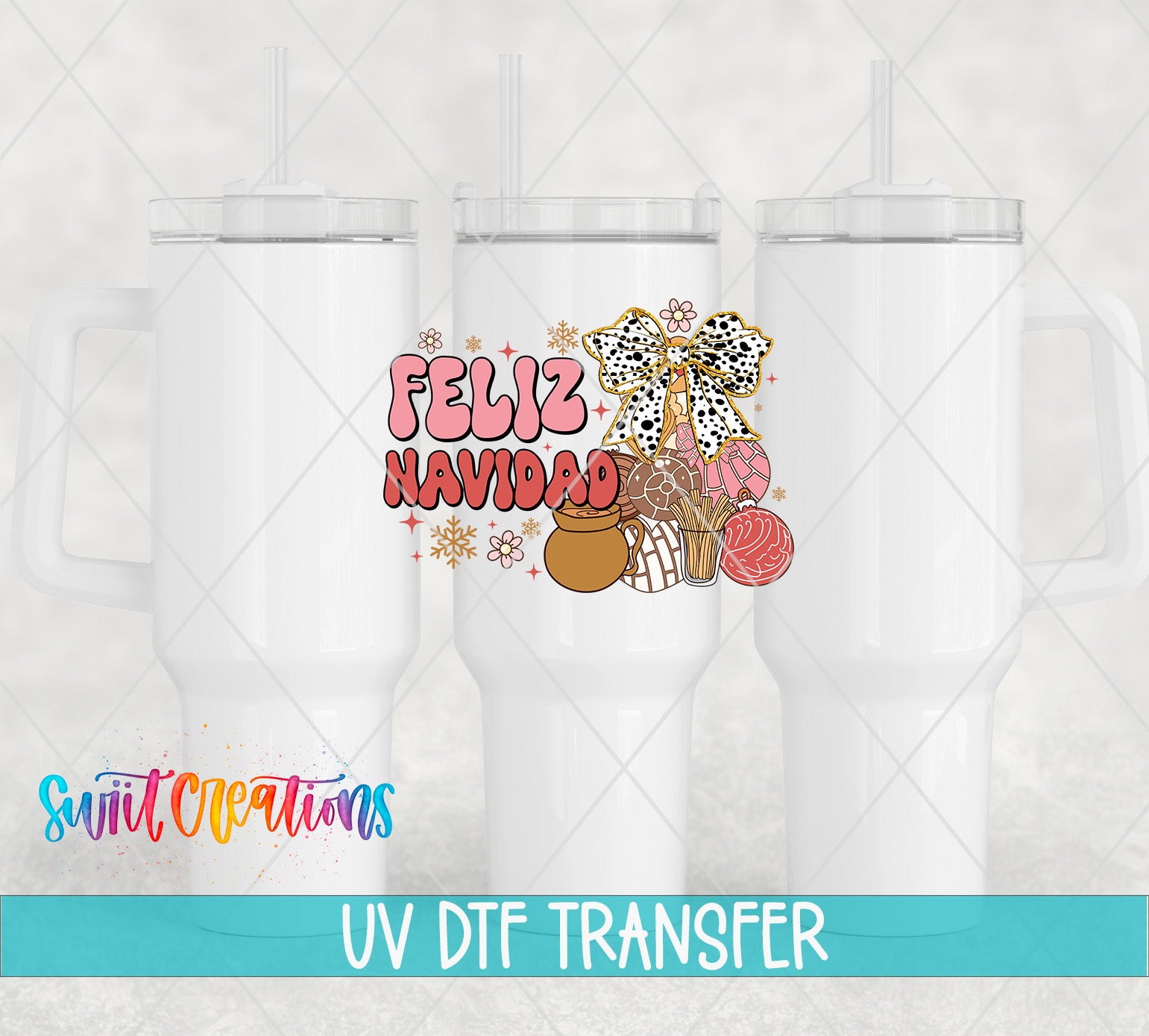 three white tumblers with a colorful design and text on them.