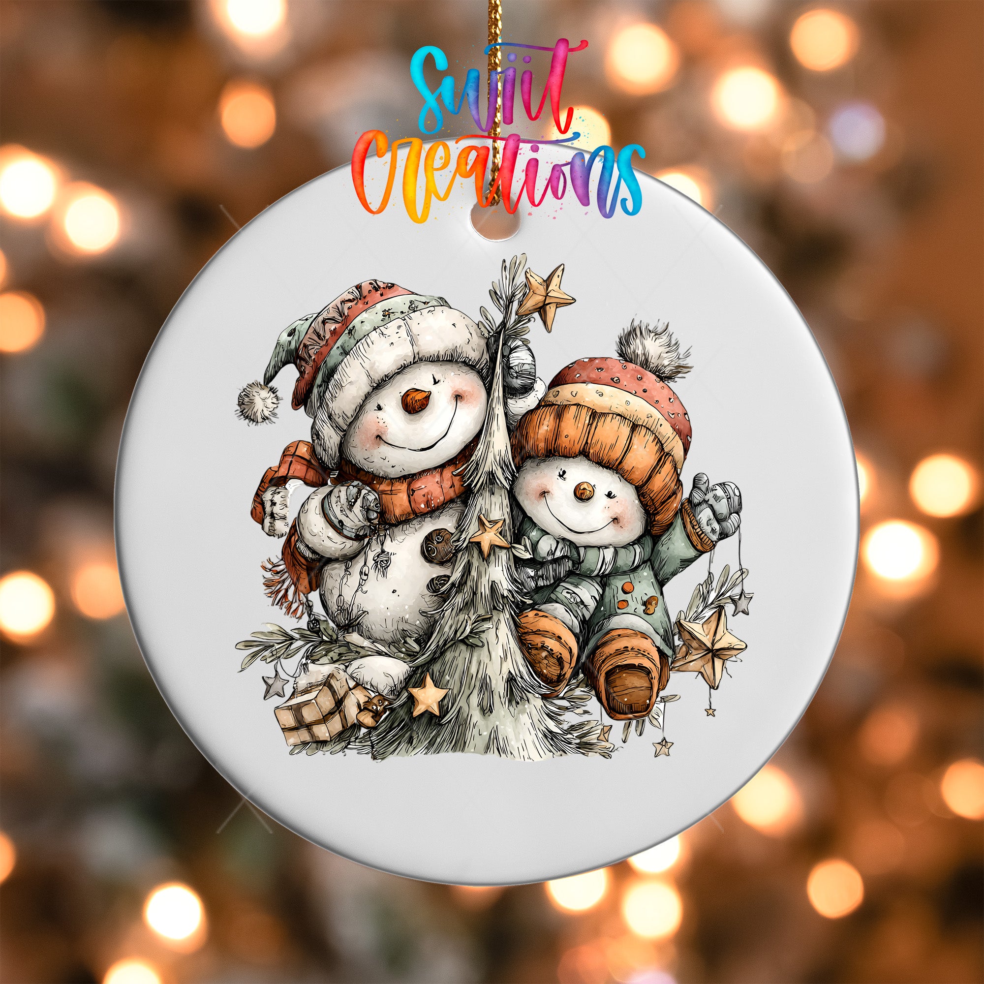 A white ornament with a snowman and a star on a Christmas tree, surrounded by twinkling lights.