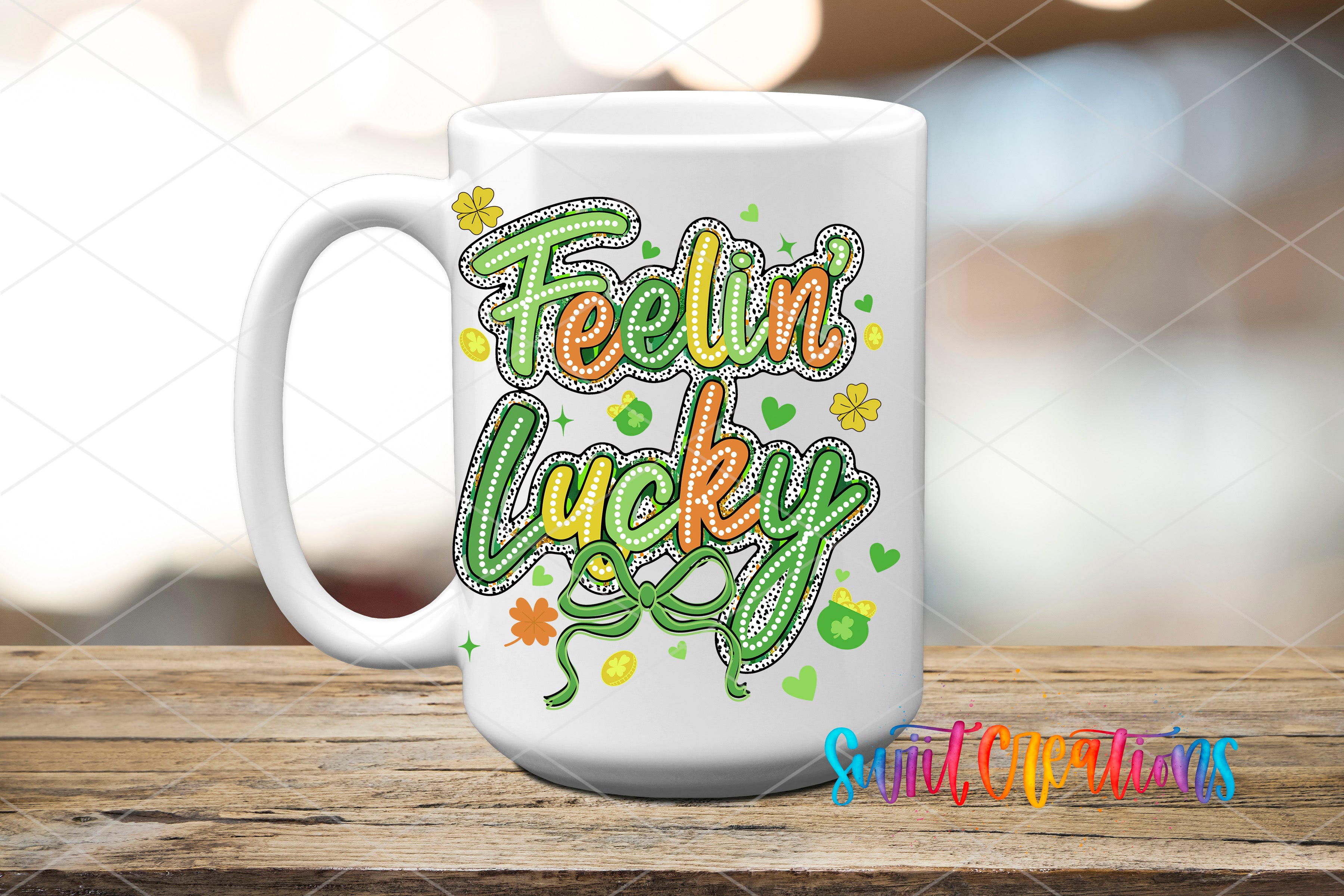 A white ceramic mug with a colorful design featuring the text "Feelin' Lucky" surrounded by various decorative elements such as flowers, leaves, and stars.