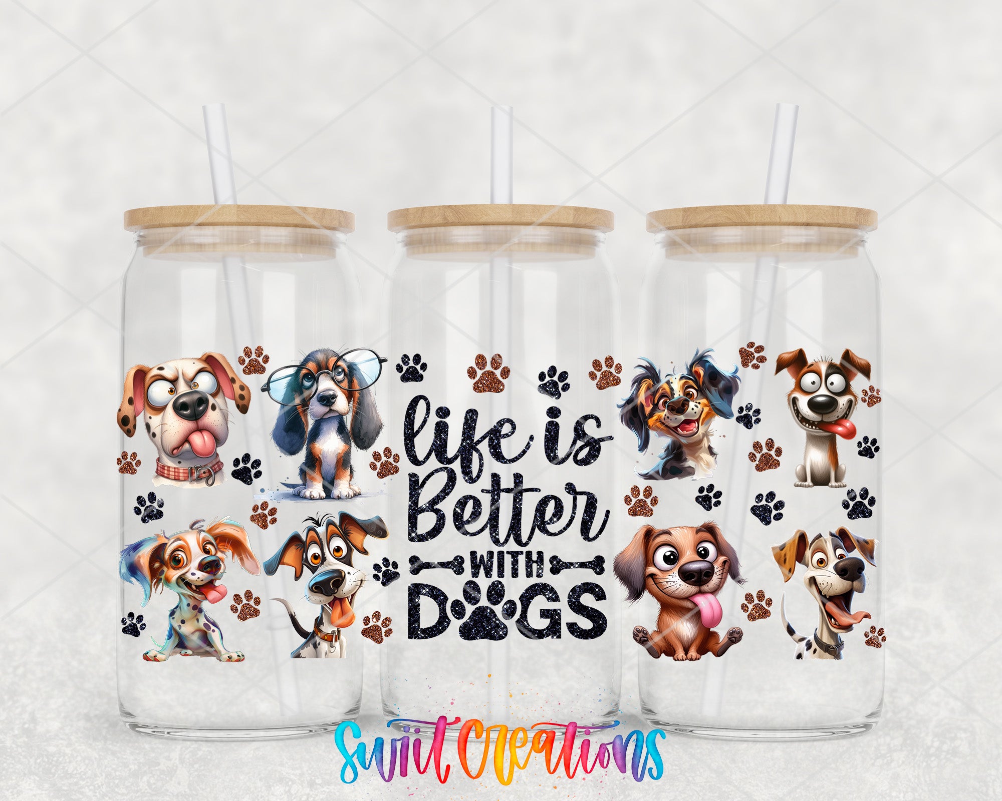 three glass tumblers with cartoon dog illustrations on them, along with paw prints and paw prints. The text on the tumblers reads "Life is Better with Dogs".