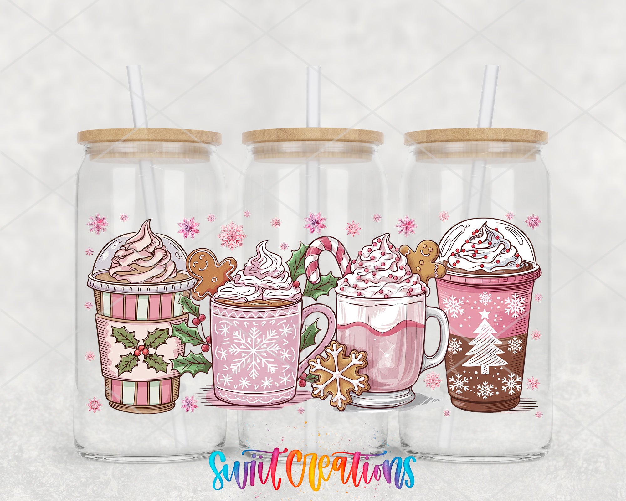 A collection of three glass tumblers with various colorful drinks, each with a straw and decorated with snowflakes, gingerbread men, and other festive elements.