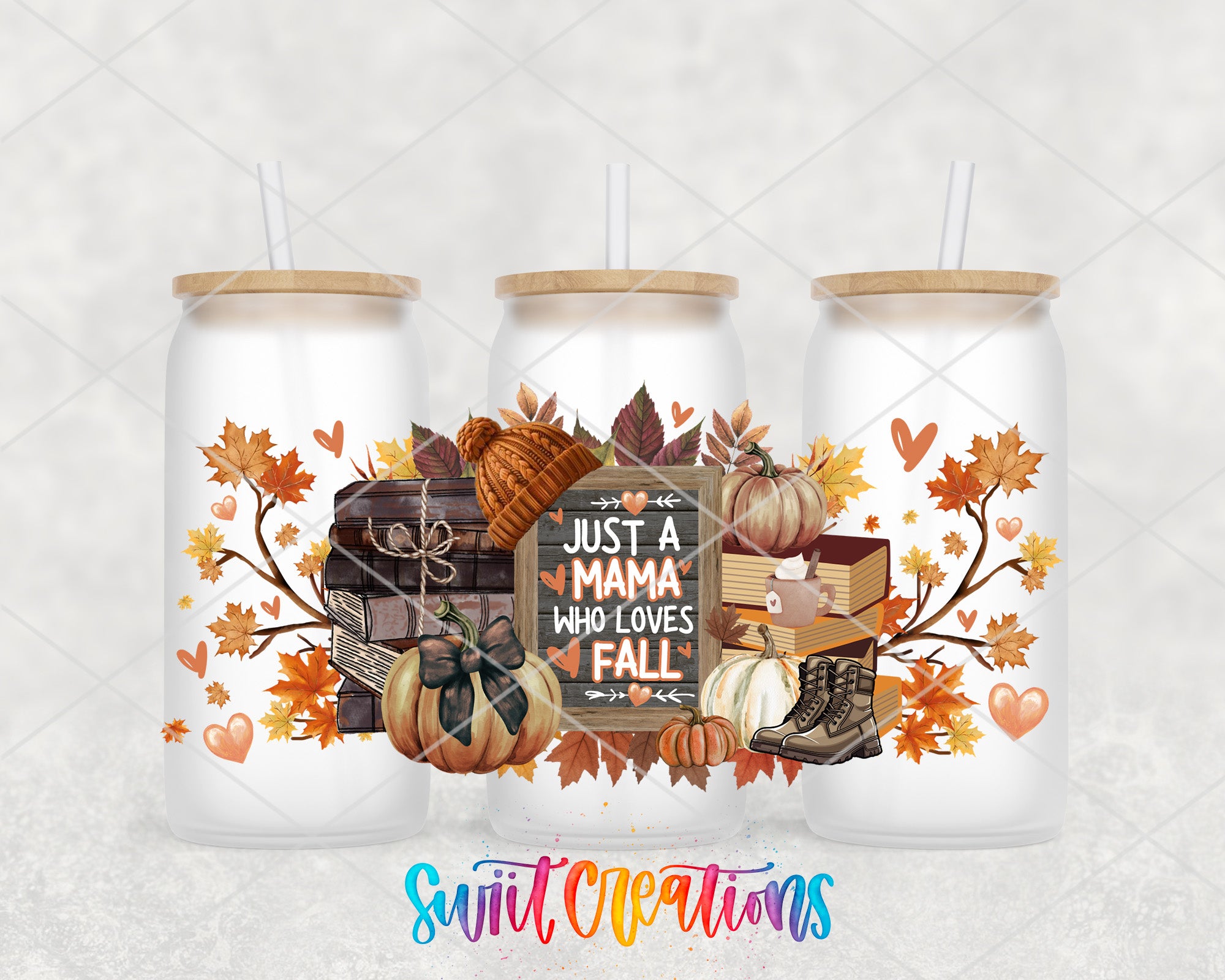 A colorful autumn-themed image featuring three glass tumblers with a variety of fall-themed decorations, including pumpkins, leaves, and a sign that reads "Just a MAMA who loves fall".