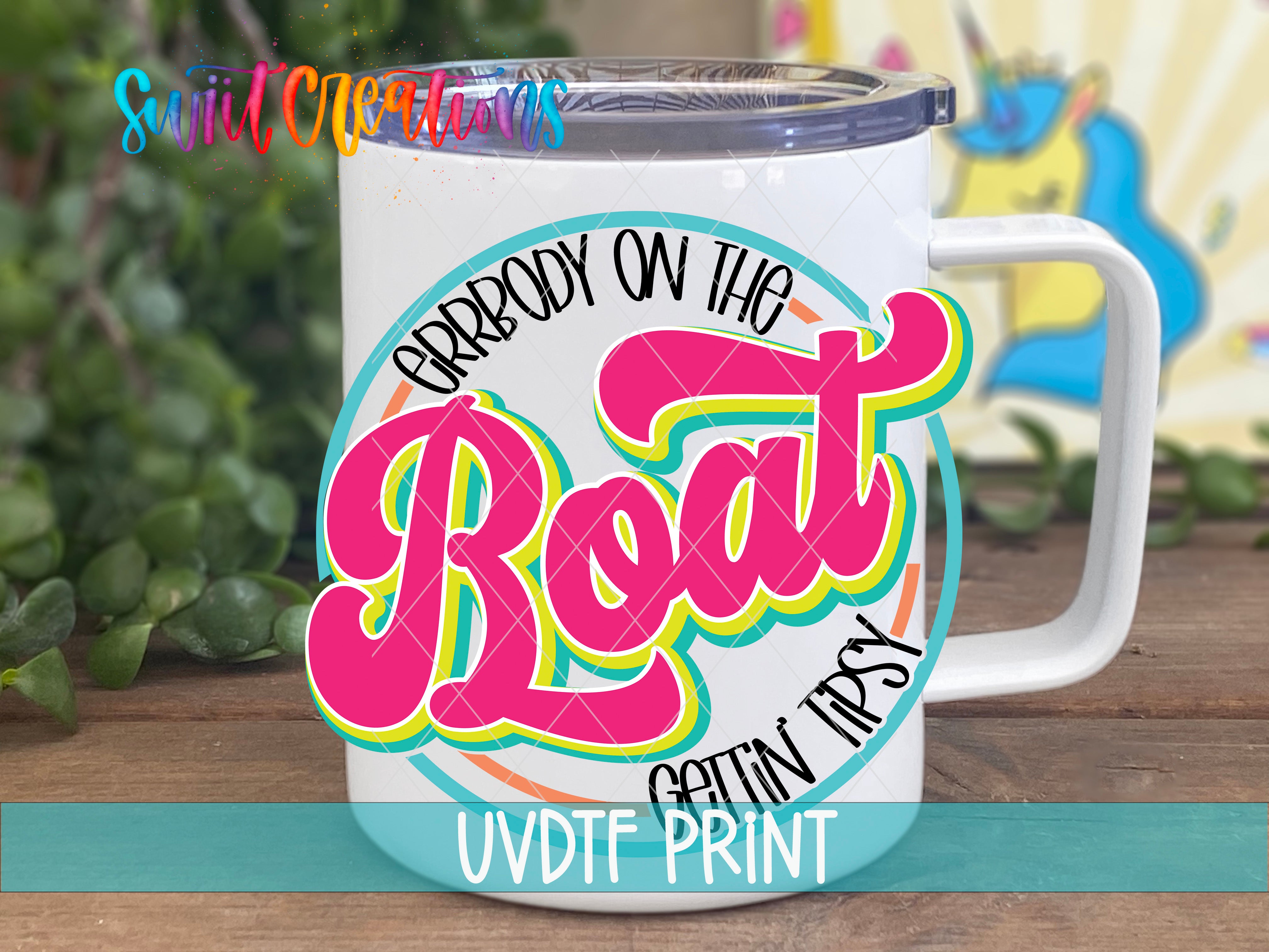 A white mug with a colorful graphic design featuring the text "Grrbody on the Boat" and "Getin' Irsy" printed on it.