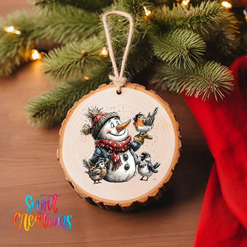 A wooden ornament featuring a snowman with a bird perched on its arm, surrounded by pine branches and twinkling lights.