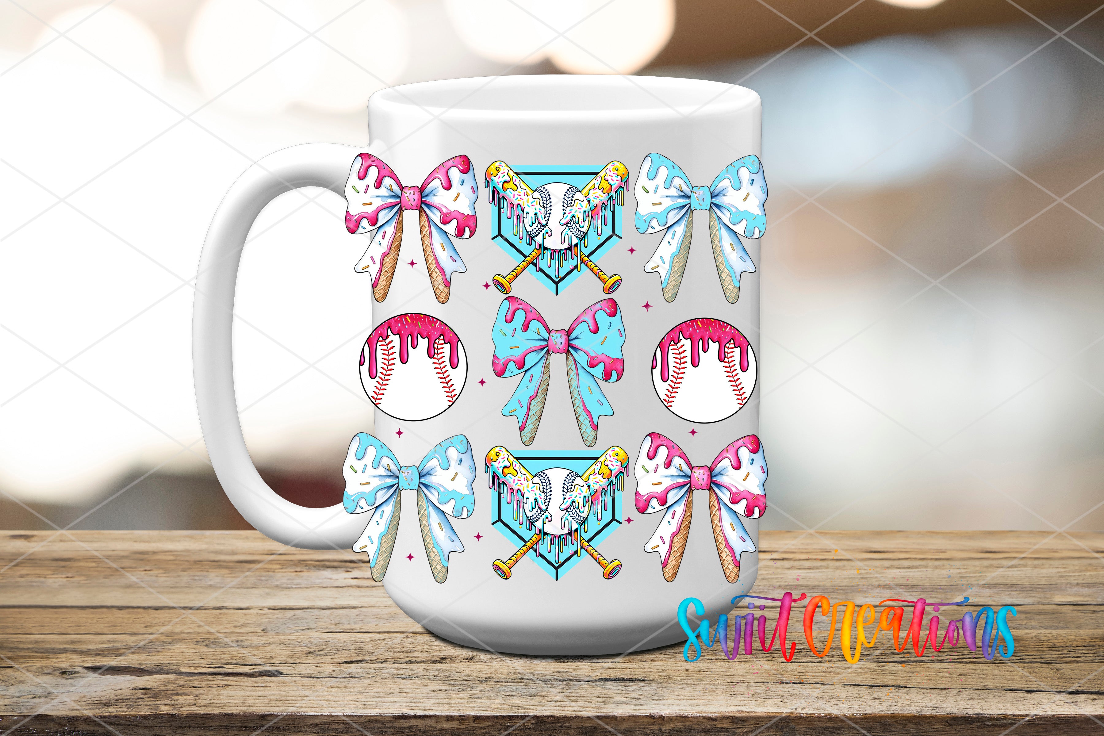 A white mug with a colorful design featuring baseball-related elements such as baseballs, bats, and a baseball glove, along with decorative bows.