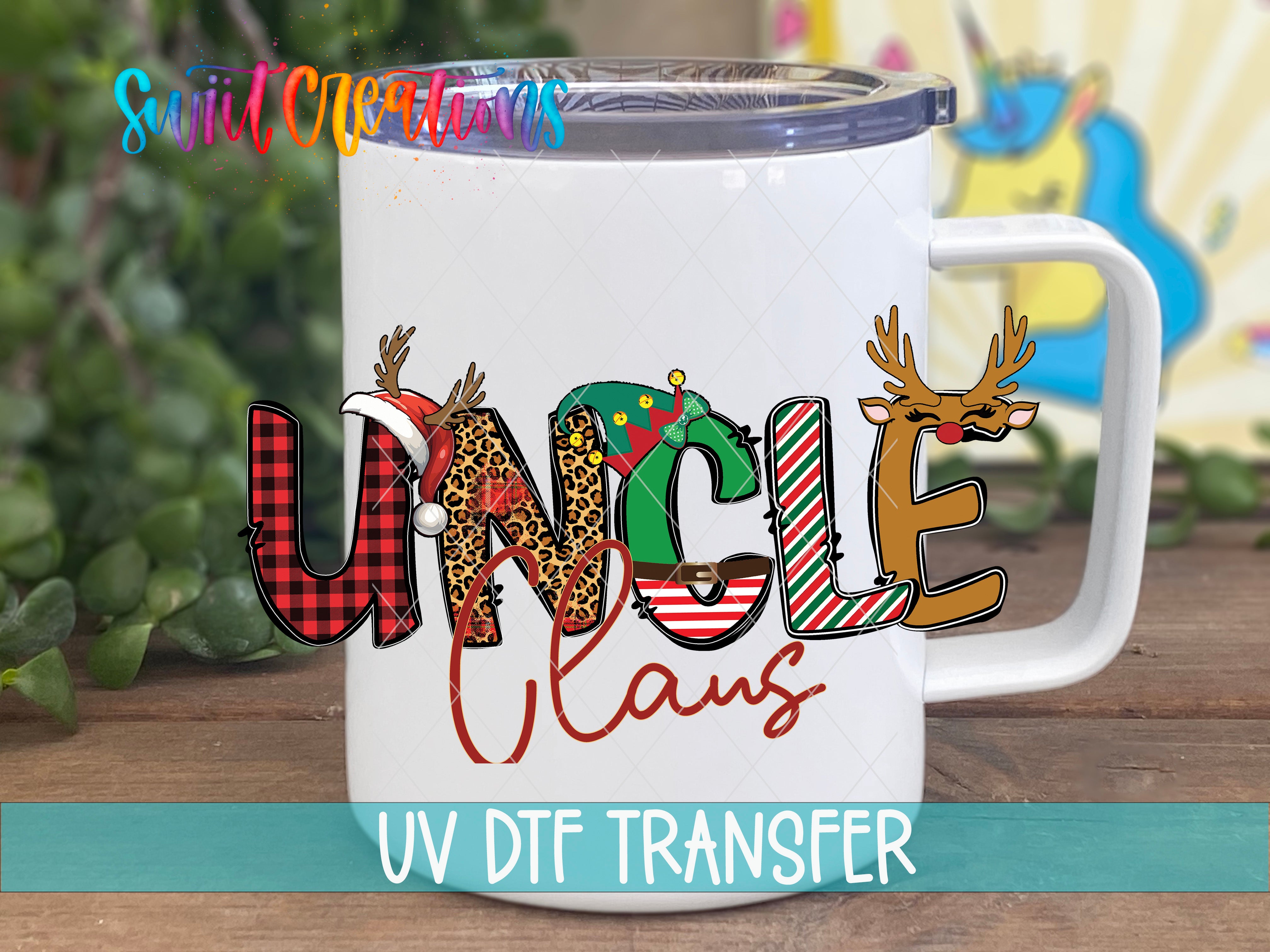 A white mug with the word "UNCLE" written on it in a colorful, cartoonish style.