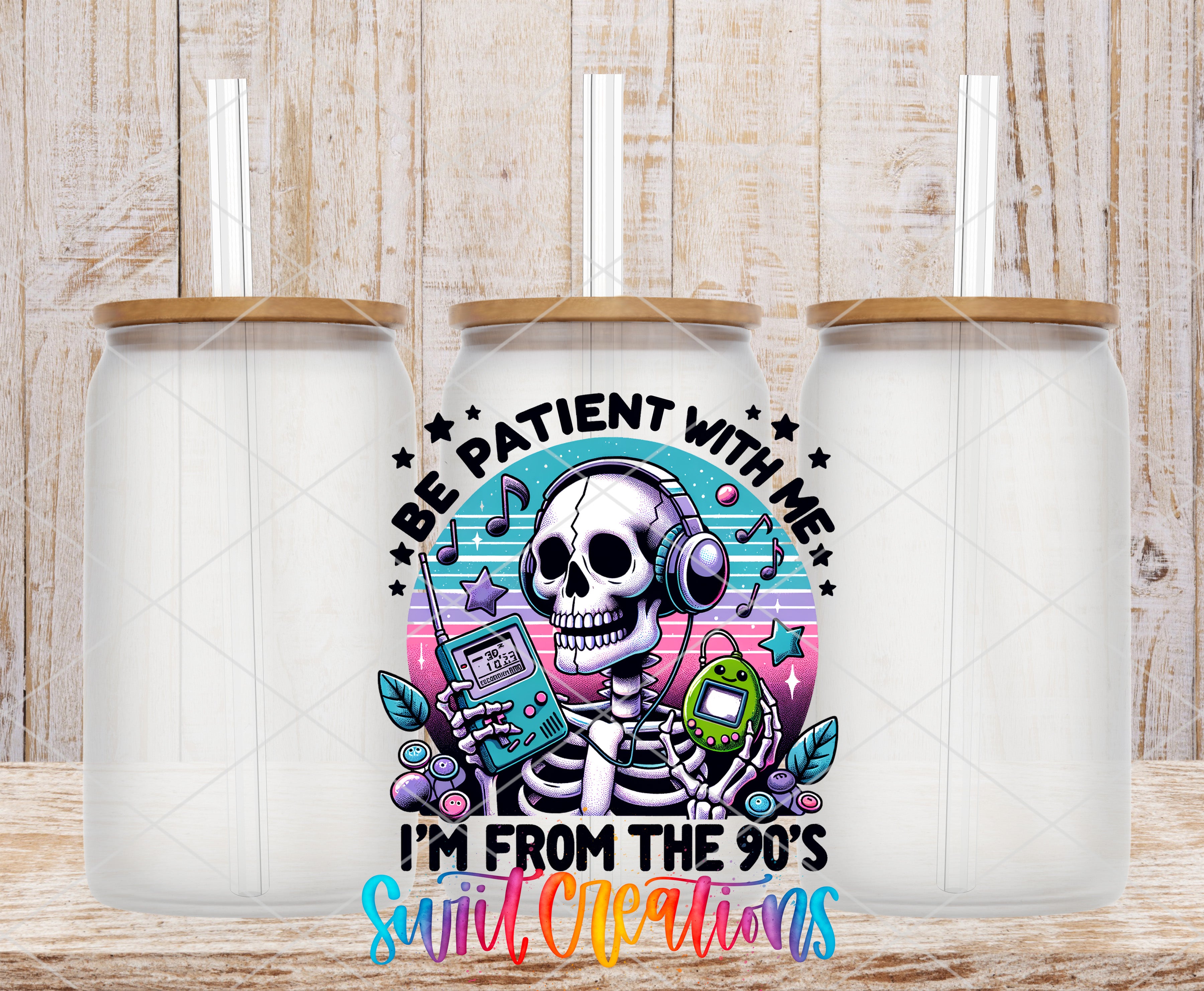 a colorful and whimsical design with a skeleton wearing headphones and holding a game controller, surrounded by musical notes and stars. The text "Be patient with me, I'm from the 90's sudoku creations" is prominently displayed in the center of the image.
