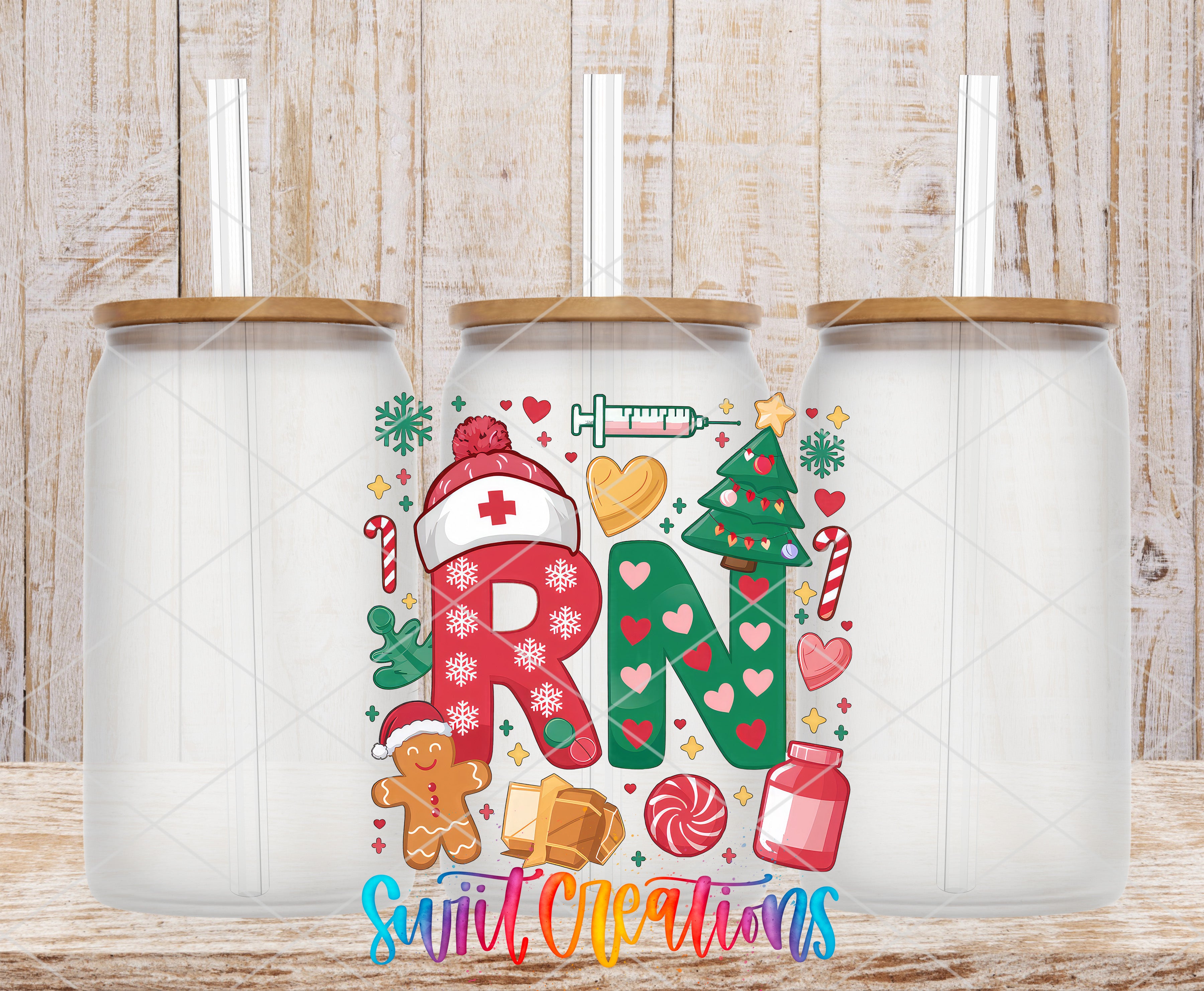 A colorful tumbler with a lid and straw, featuring the letters "RN" surrounded by various festive and holiday-themed icons, such as a gingerbread man, a Christmas tree, candy canes, and a snowflake.