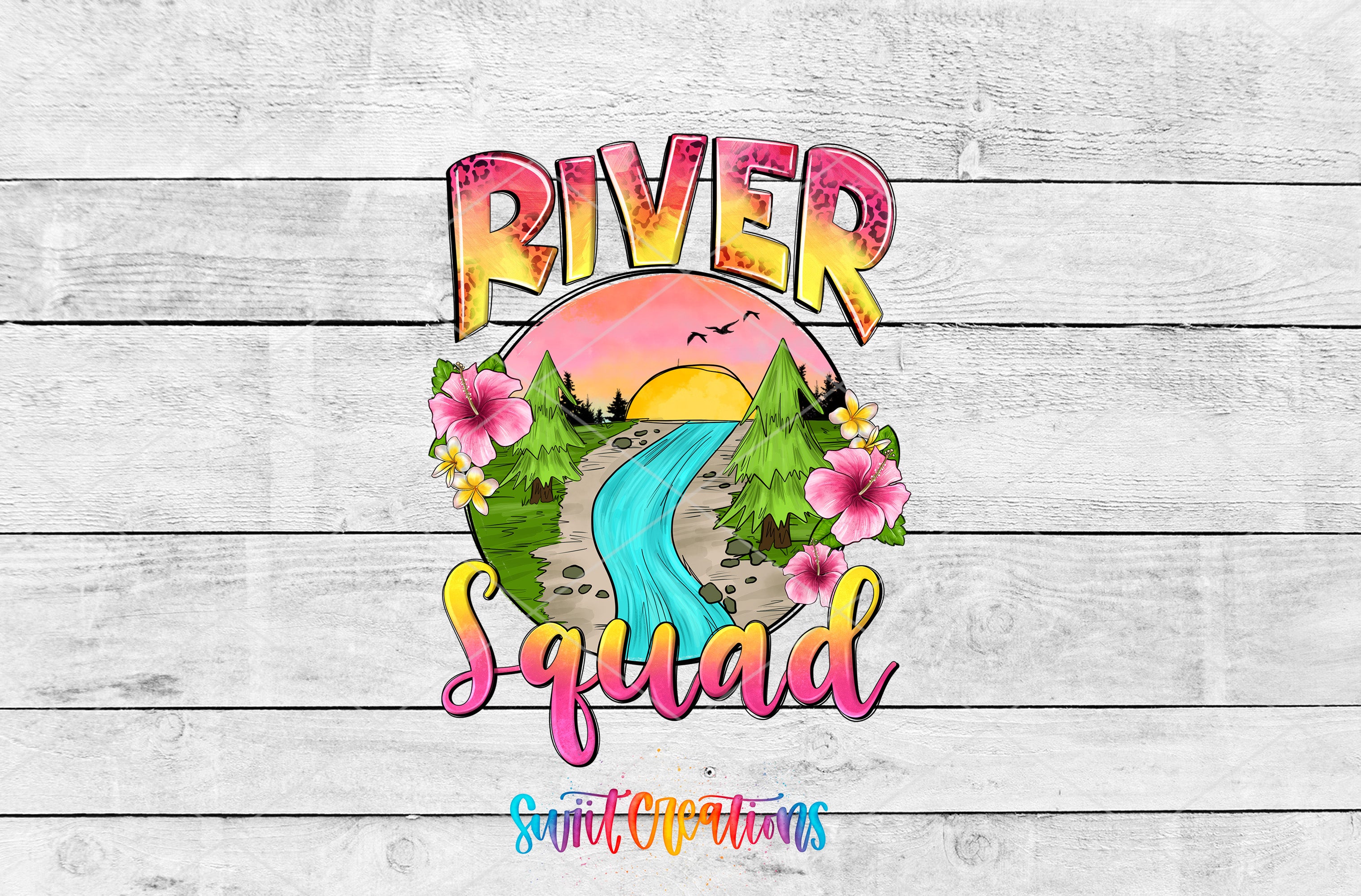 a colorful and vibrant logo for a "River Squad" event. The logo includes a sunset, flowers, and a river, all set against a wooden background.