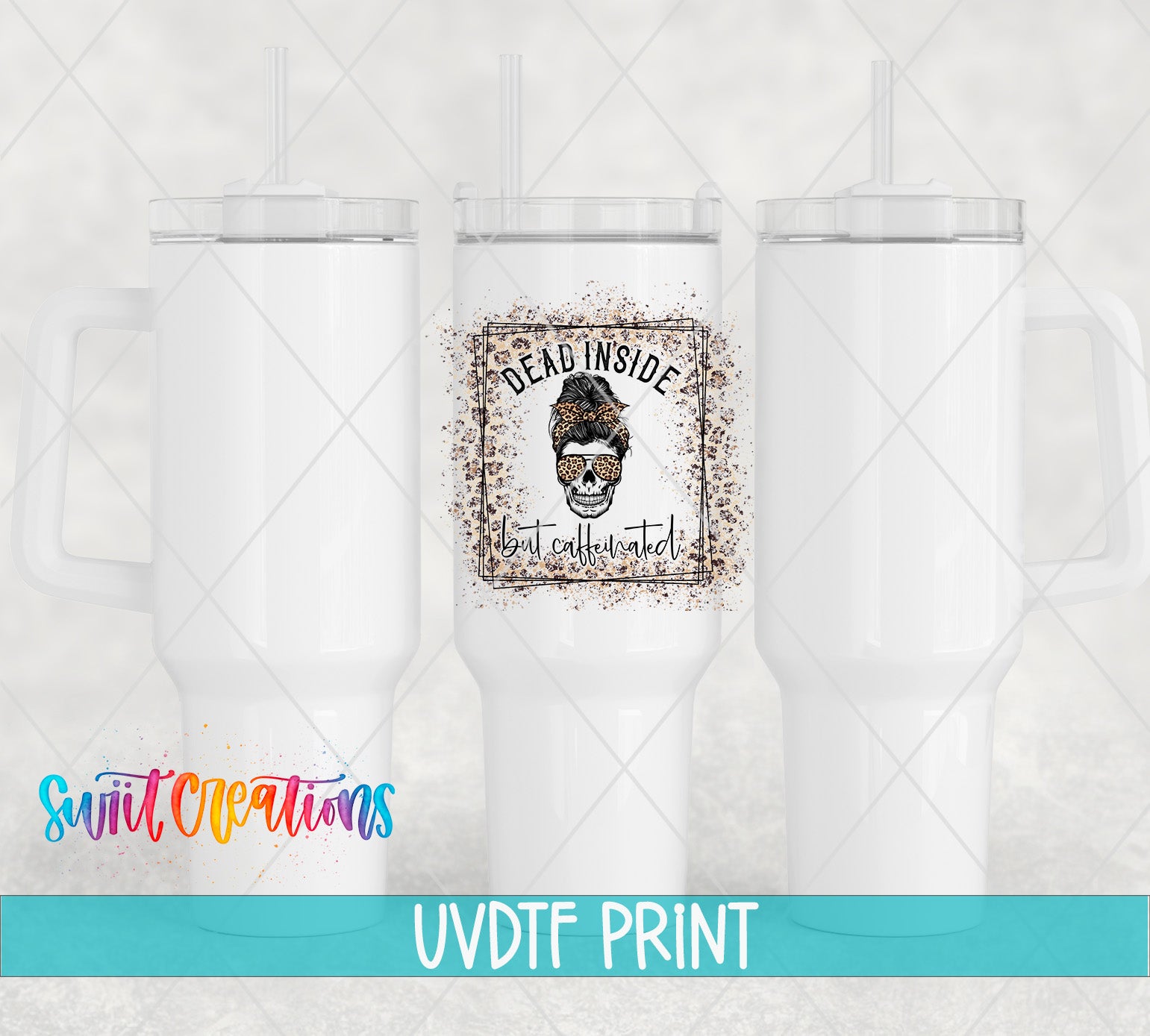 three white tumblers with a design on them, including a skull and the text "DEAD INSIDE" and "Not coffeeated".
