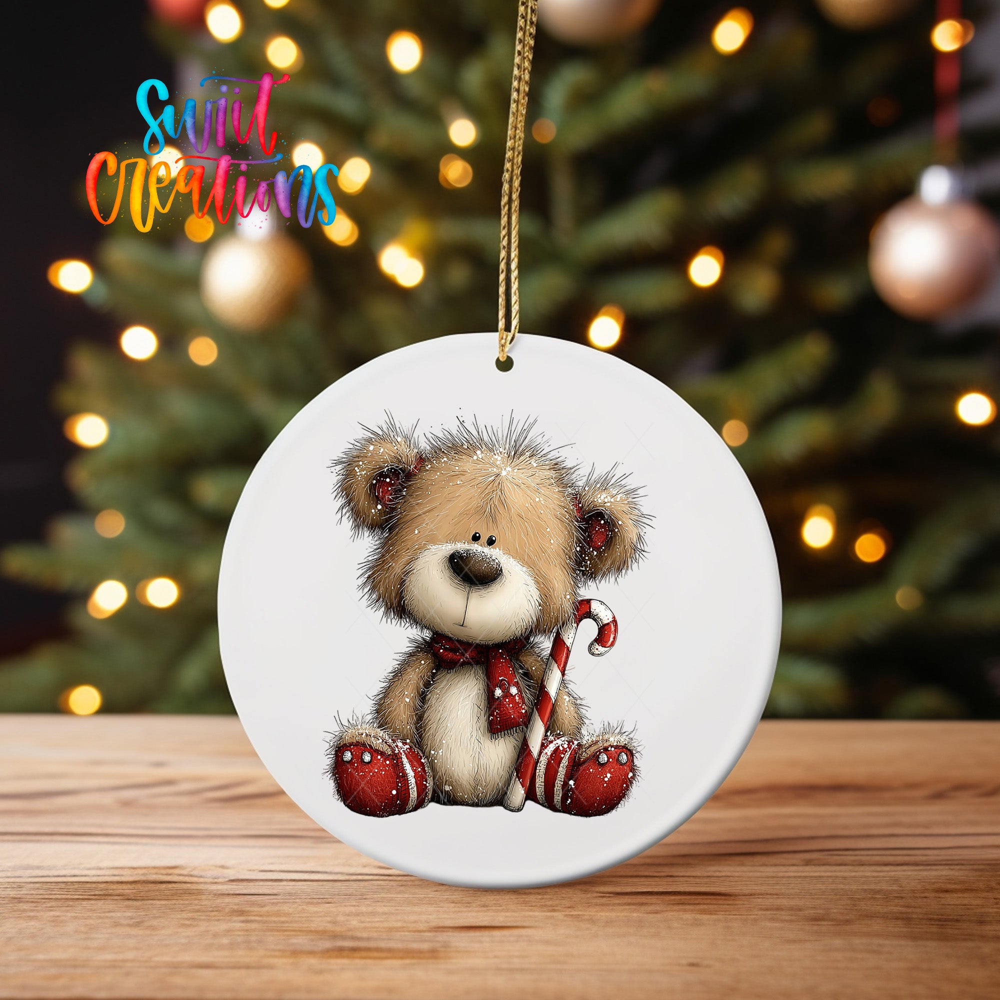 A white ceramic ornament featuring a teddy bear sitting on a wooden surface, with a candy cane in its paws, and a blurred background of a Christmas tree with lights.