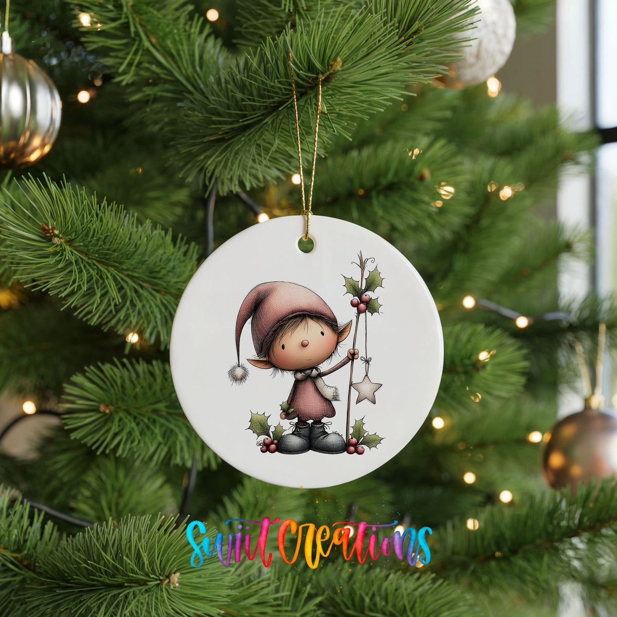 A white ornament featuring a cartoon elf holding a star and holly is hanging on a Christmas tree.