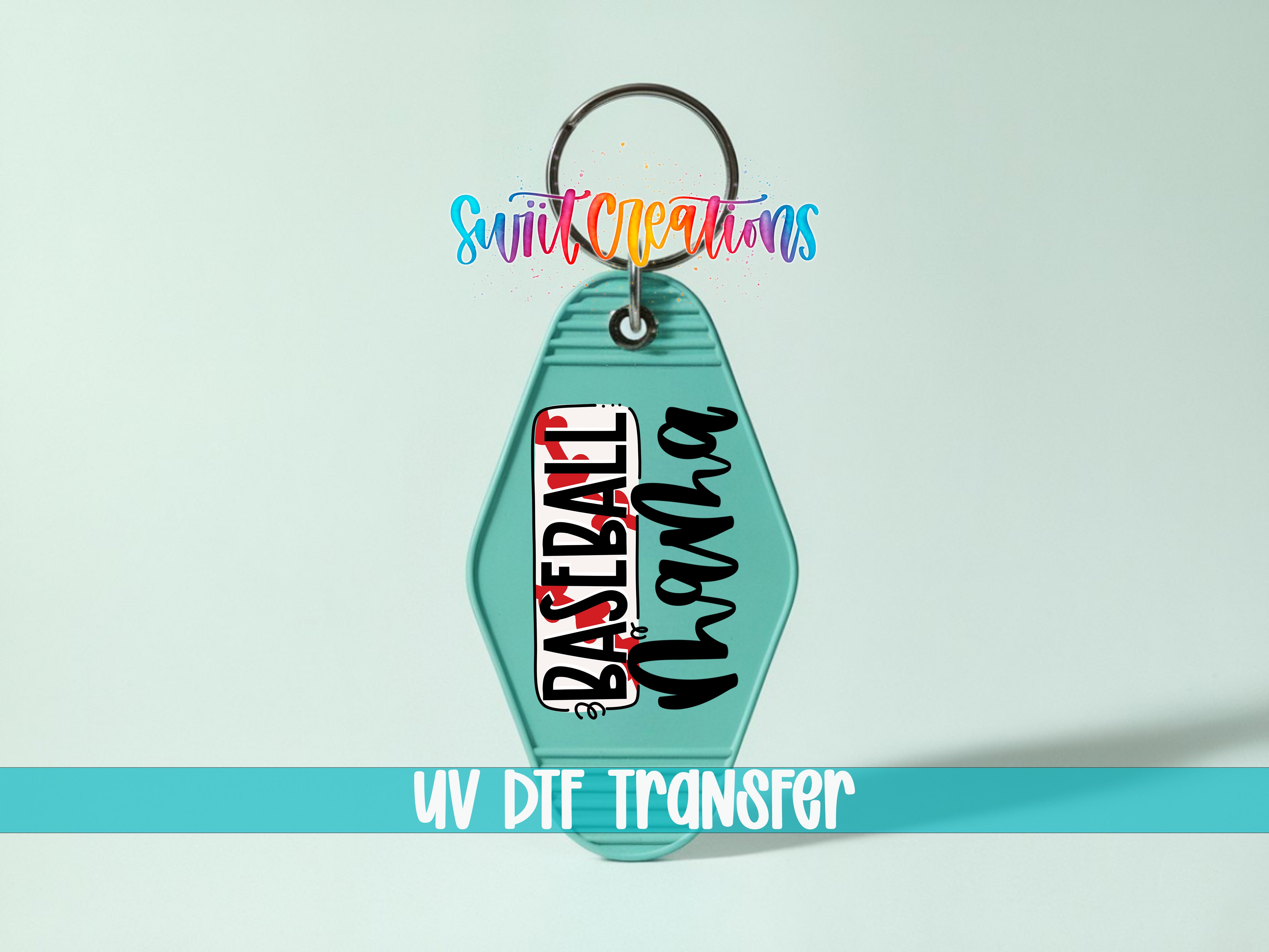 A keychain with the text "BASEBALL" and "Nathan" printed on it, along with a colorful design. The keychain is set against a light blue background, and there is a text overlay that says "UV DIF TRANSFER".