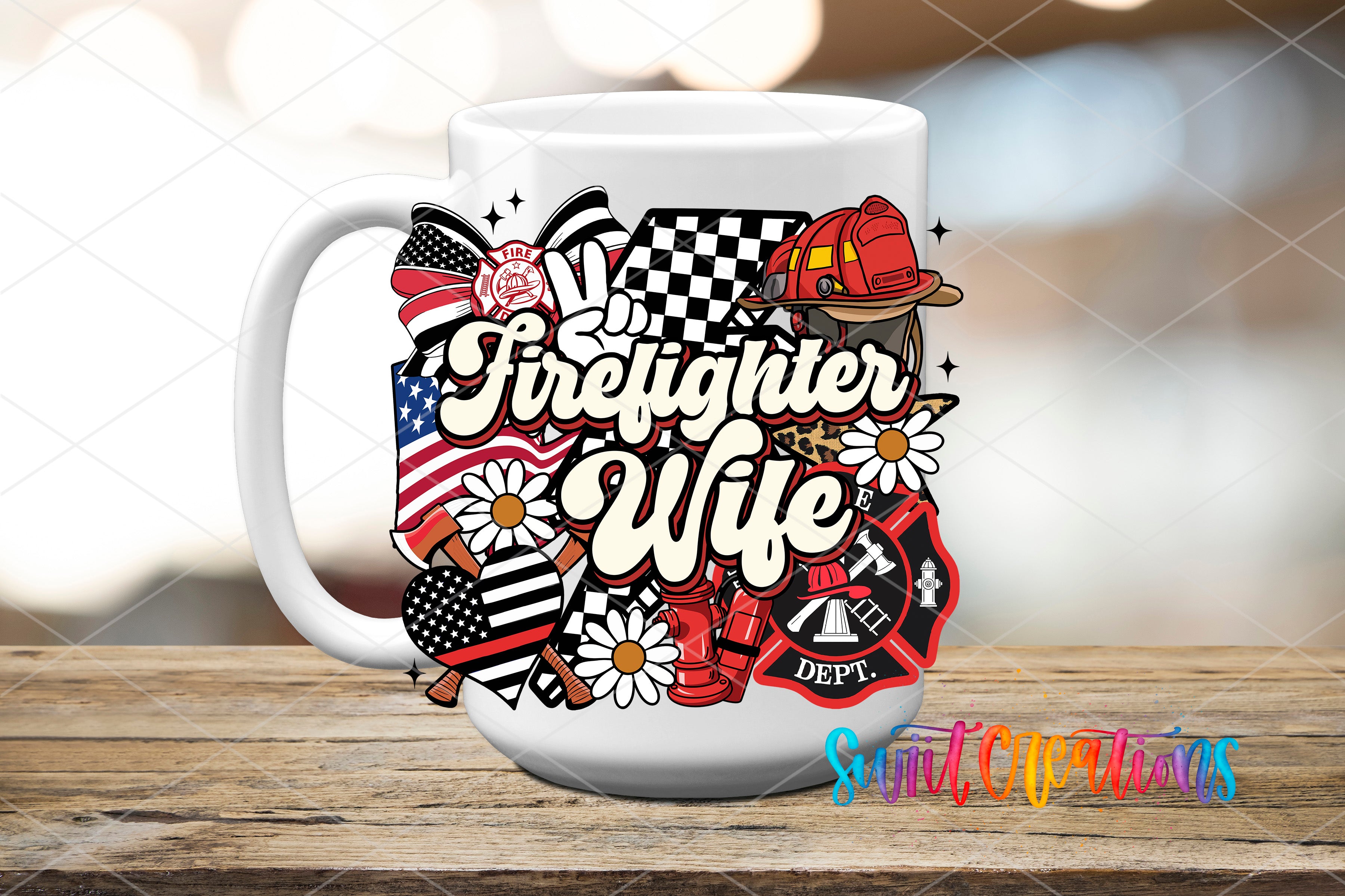 A white ceramic mug with a colorful design featuring various firefighter-related elements, such as a fire helmet, fire hydrant, and American flag, along with the text "Firefighter Wife" and "DEPT."