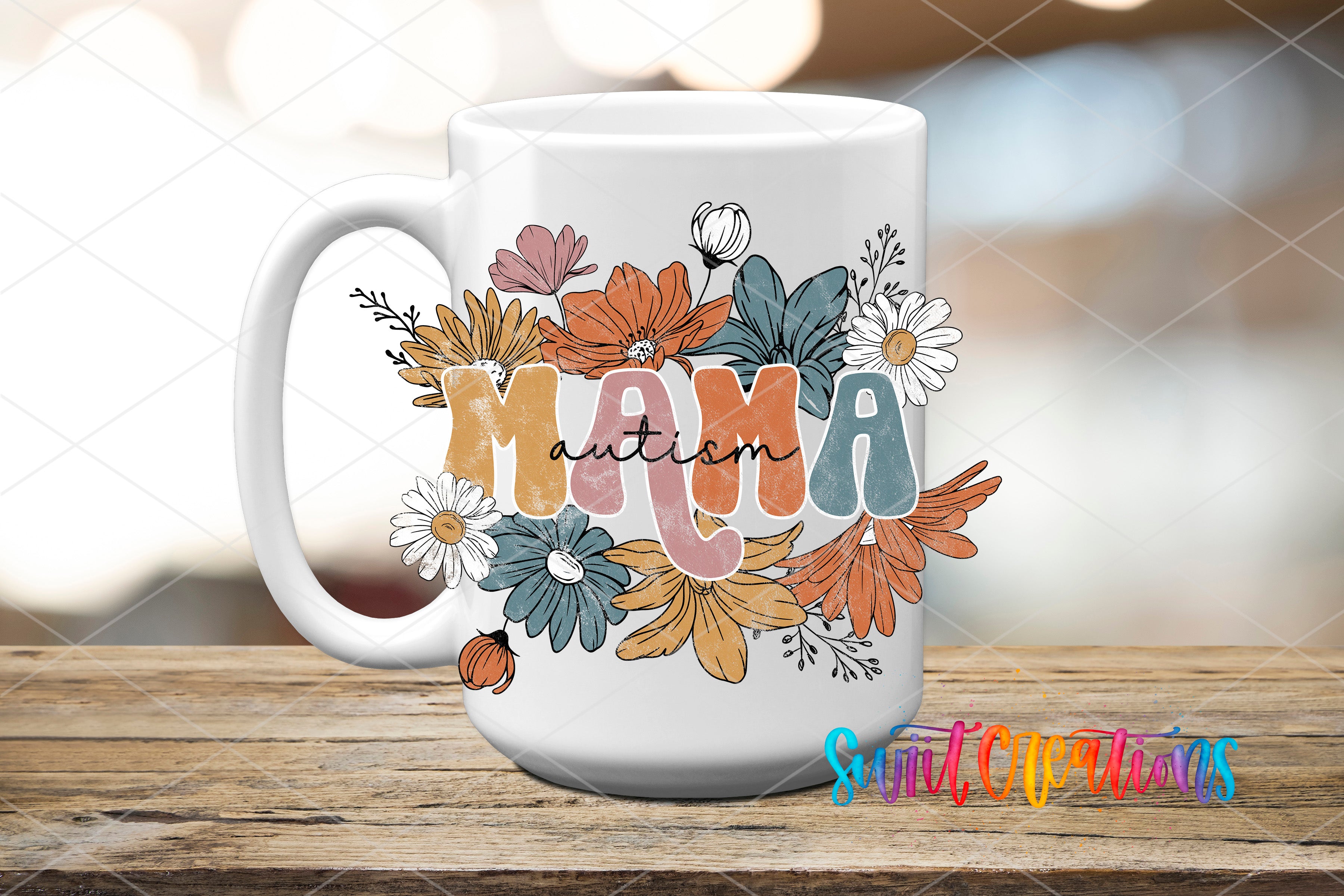A white ceramic mug with a colorful floral design and the word "Mama" written on it.