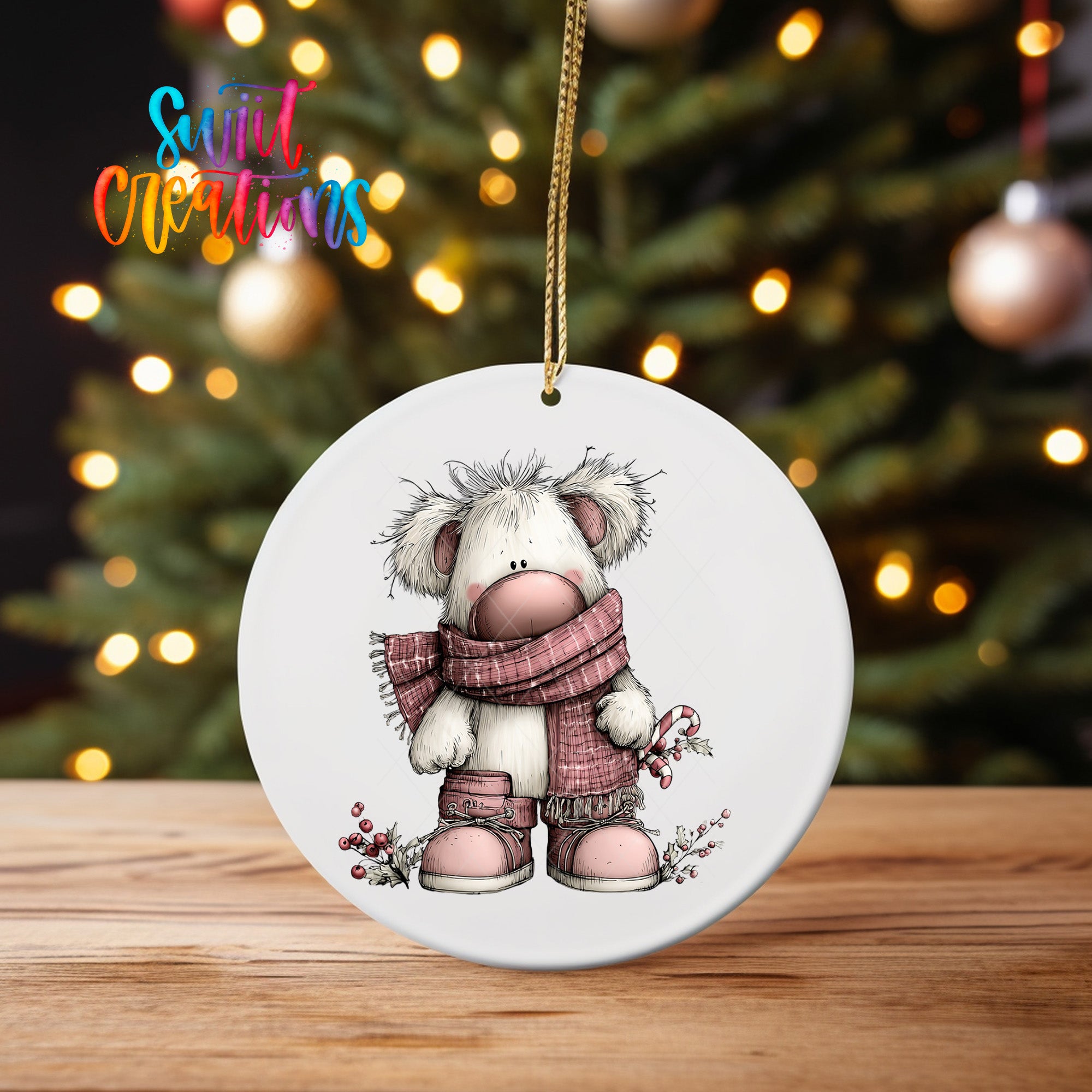 A white ceramic ornament featuring a cute white dog wearing a red scarf and boots, standing in front of a Christmas tree with twinkling lights in the background.