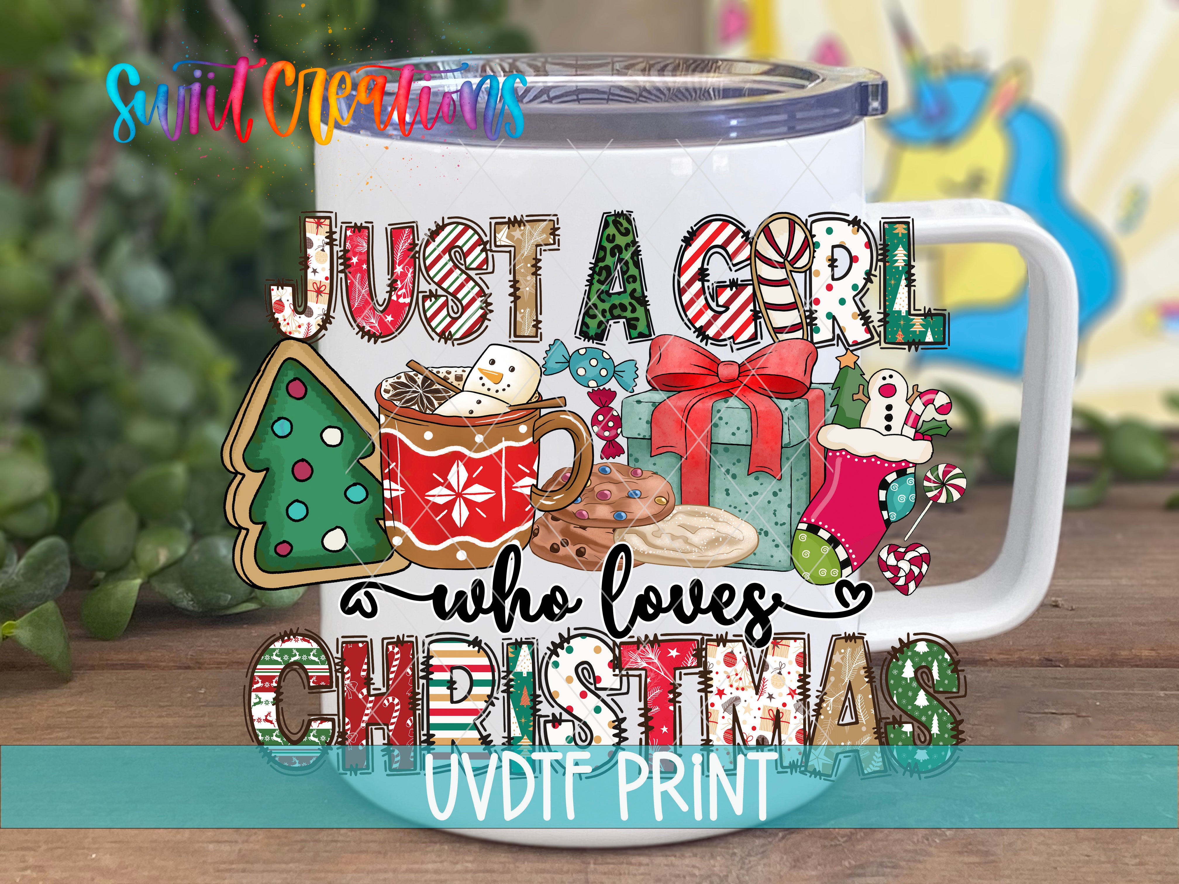 A white mug with a colorful, festive design featuring Christmas-themed items such as a Christmas tree, cookies, and a gift box.
