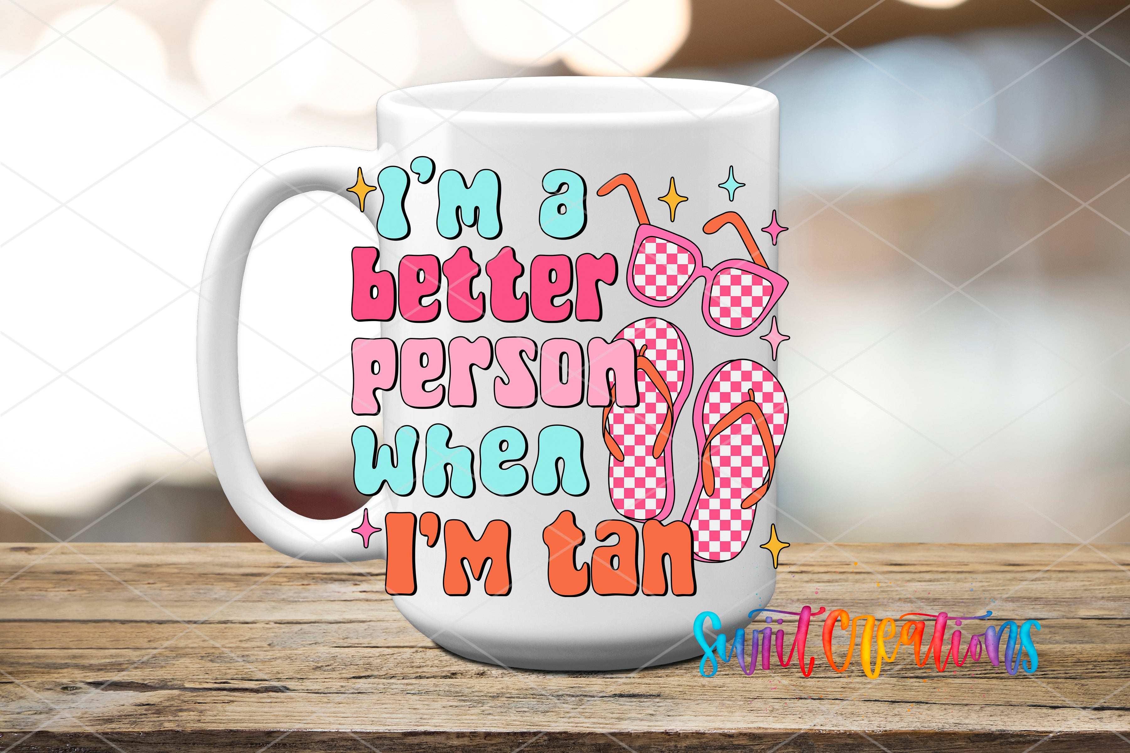 A white mug with a colorful design featuring text and illustrations related to summer and beach-related items.