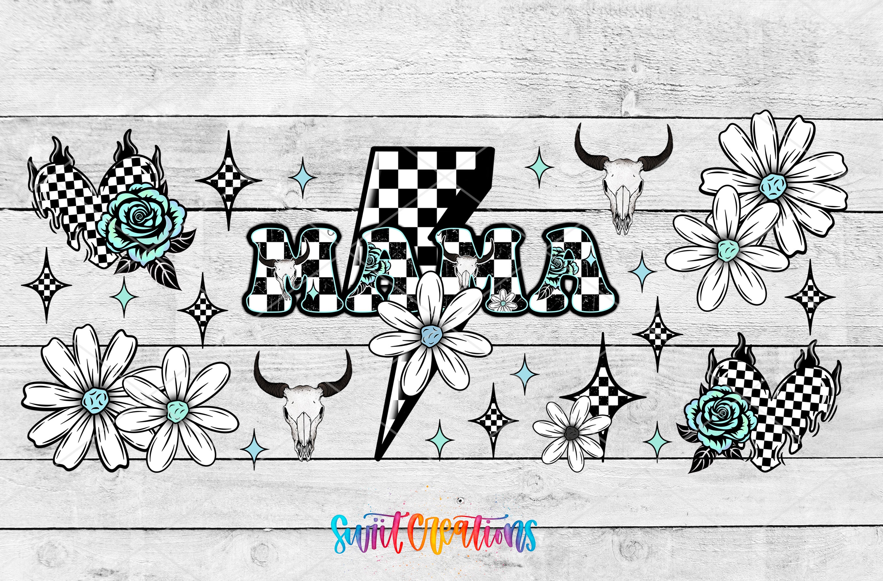 The image is a collage of various stylized elements, including flowers, skulls, lightning bolts, and the word "Mama".