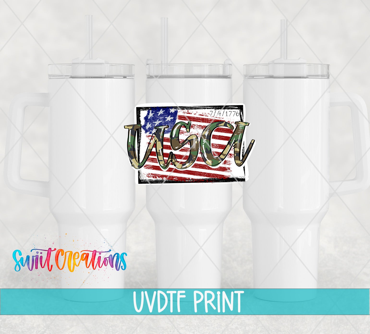 a white ceramic mug with a camouflage pattern and an American flag design, along with a watermark that says "Switcraft UVDF Print".