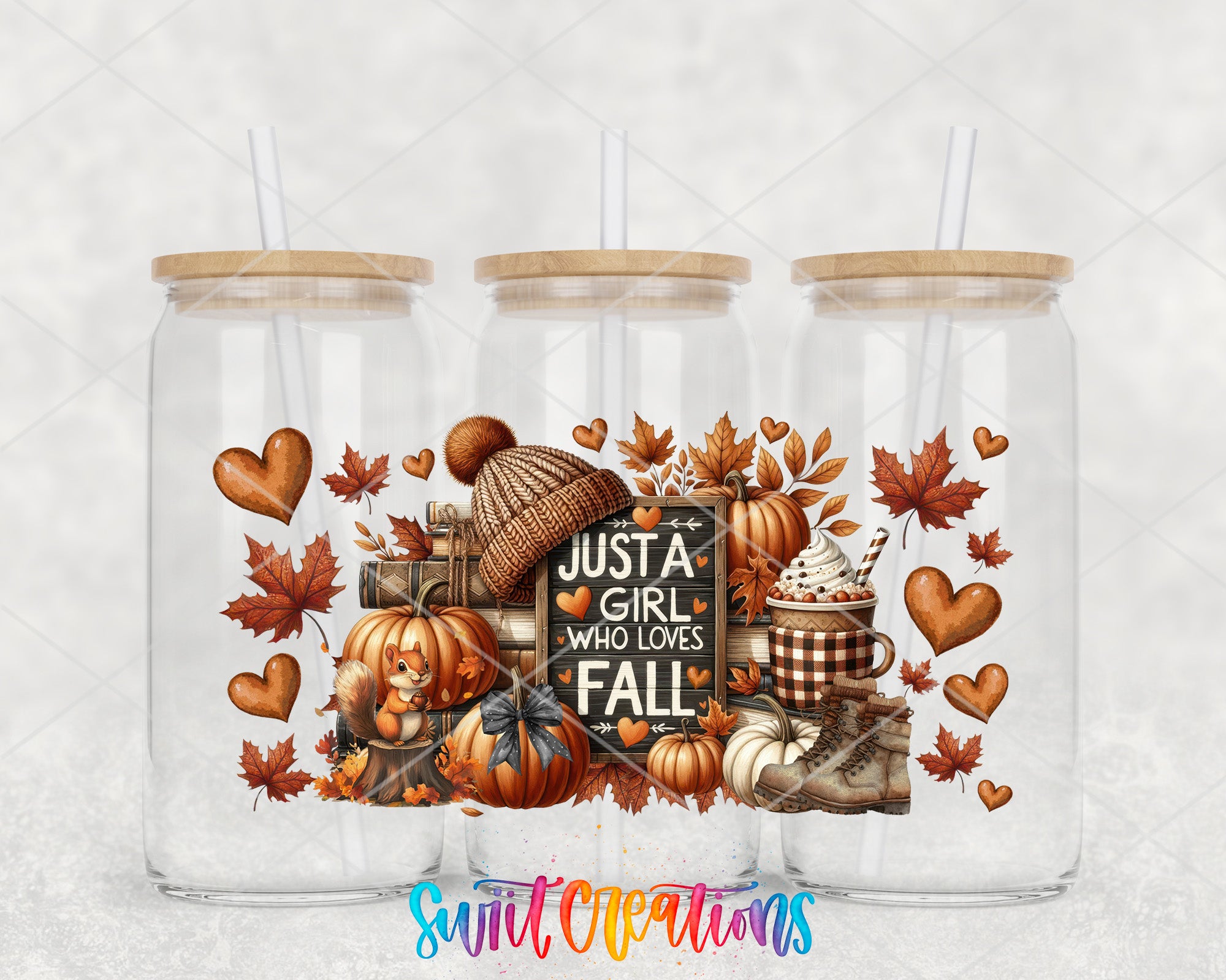 A collection of glass jars filled with autumn-themed items, including pumpkins, leaves, and a sign that says "Just a girl who loves fall".