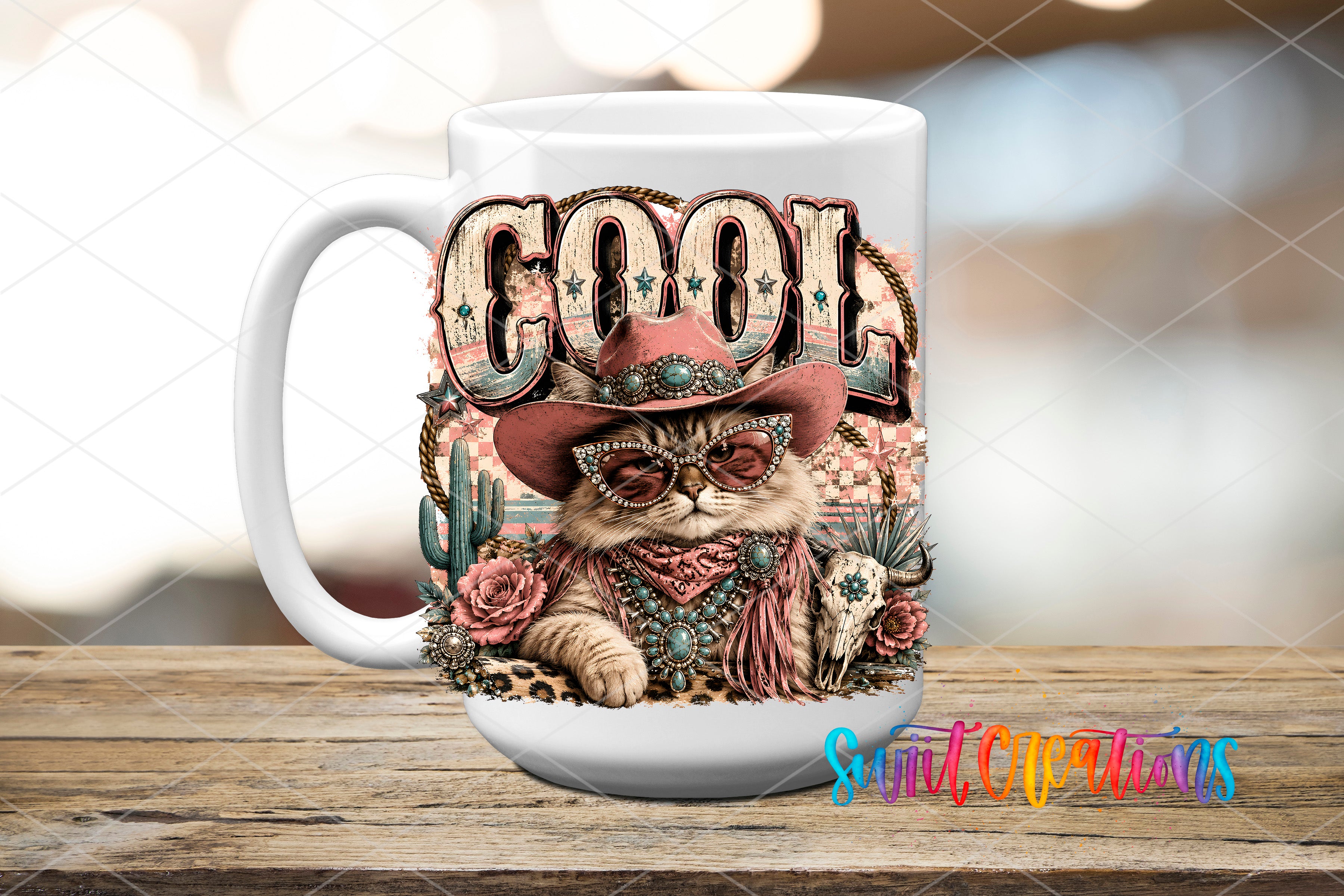 A mug with a cartoon image of a cat wearing a cowboy hat and sunglasses, surrounded by various western-themed elements such as cacti, flowers, and a rope.
