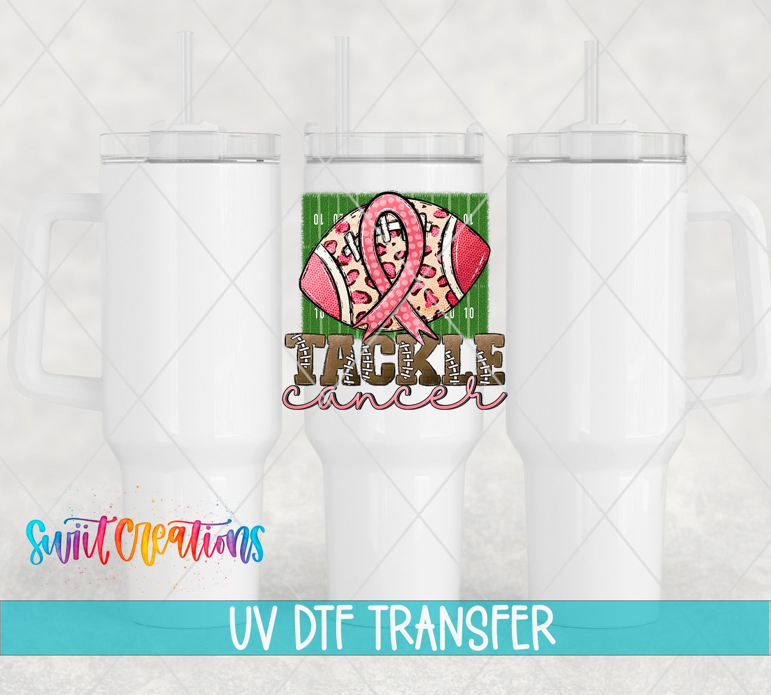 three white tumblers with a pink ribbon design and the text "TACKLE CANCER" printed on them.